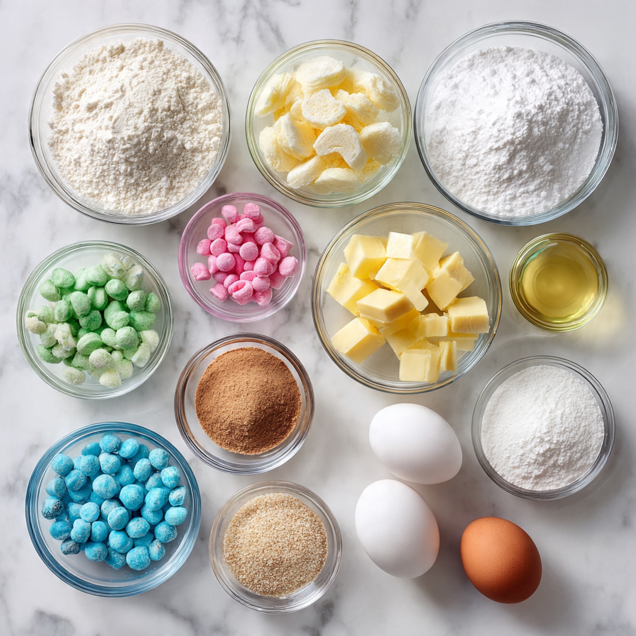 The image shows 13 small clear glass bowls and 2 white eggs and 2 brown eggs arranged neatly on a white marbled surface. The bowls contain various ingredients: a white flour-like powder, white granulated sugar, yellow butter pieces, pink candy pieces, green candy pieces, blue candy pieces, a light brown coarse powder, a small amount of dark liquid, a small amount of light yellow liquid, and two bowls with white fine powders. The eggs are grouped in pairs, with the brown eggs on the right side near the butter bowl and the white eggs placed below the candy bowls. photo taken with an iphone --ar 4:5 --v 7