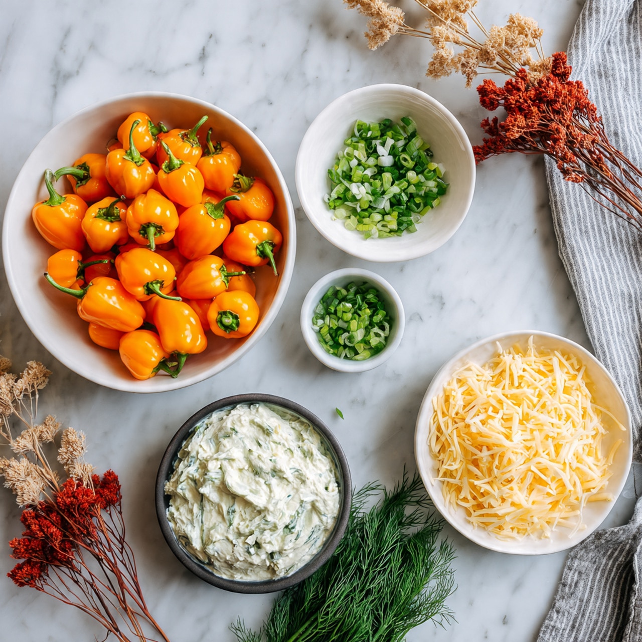 The image shows five white dishes on a white marbled surface. At the top center is a white bowl filled with bright orange mini sweet peppers, each with a green stem. Below it to the left is a small white bowl with finely chopped green chives. Next to it on the right is a dark bowl filled with a creamy white herb-spread that has small green bits mixed in. Underneath these bowls, there is another white bowl filled with shredded pale yellow cheese. At the bottom center, a white plate holds a bunch of fresh green dill with thin stems. The scene is softly decorated with red and beige dried flowers around the edges and a striped gray and white cloth peeking in from the right side. photo taken with an iphone --ar 4:5 --v 7