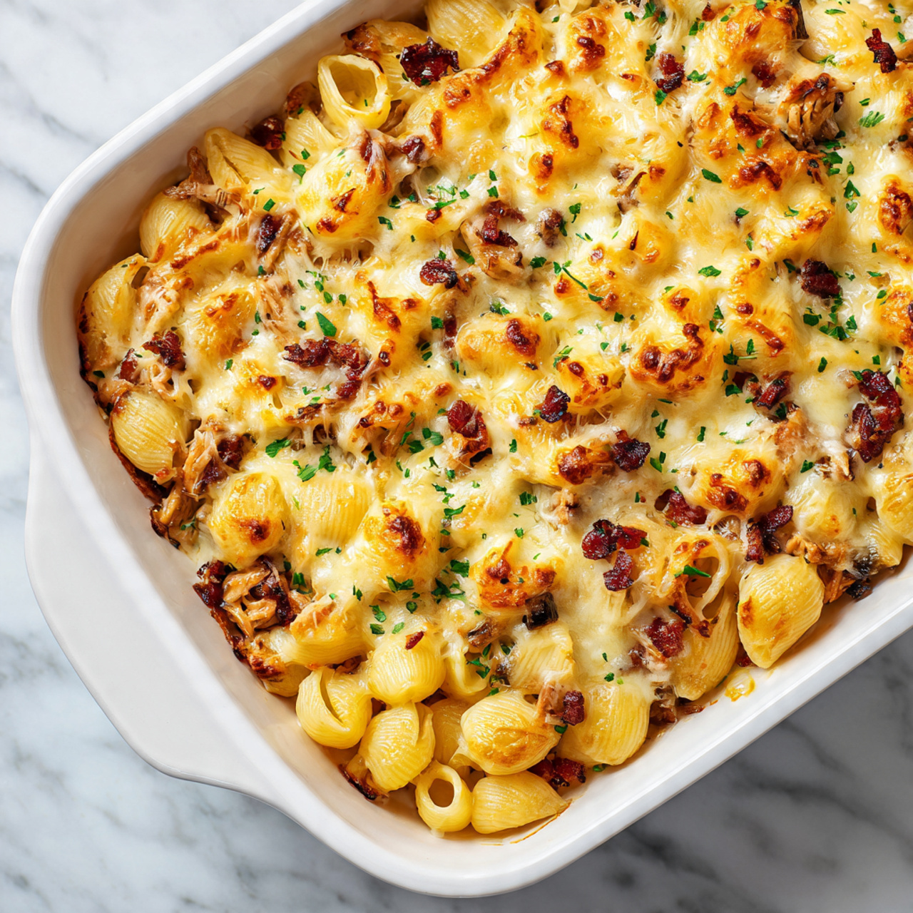 A close-up view of a baked pasta dish in a white rectangular baking dish. The dish has three main layers visible on top: small shell-shaped pasta in light yellow, melted cheese that is golden and slightly browned in some spots, and pieces of cooked mushrooms and possibly bacon, adding a mix of reddish-brown and dark brown colors. Tiny green herb sprinkles are scattered evenly on top. The textures show a mix of soft pasta, crispy browned bits, and melted cheese that connects the ingredients smoothly. The baking dish is placed on a white marbled surface. photo taken with an iphone --ar 4:5 --v 7