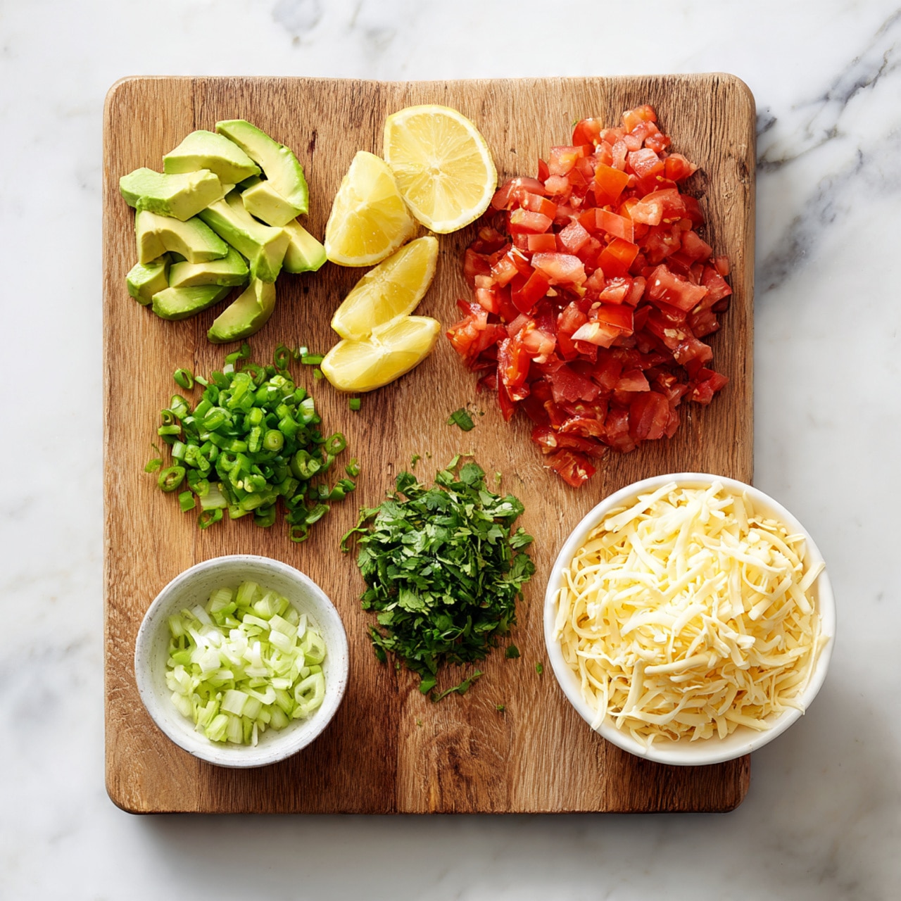 A wooden cutting board placed on a white marbled surface holds neatly chopped ingredients. In the top left corner, there are sliced avocado pieces, followed by three lemon wedges and a small pile of finely chopped green chilies. Below these, there are small heaps of cilantro leaves and chopped green onions. To the right, bright red chopped tomatoes are grouped together. Next to the cutting board on the right side, there is a white bowl filled with shredded light yellow cheese. Photo taken with an iphone --ar 4:5 --v 7