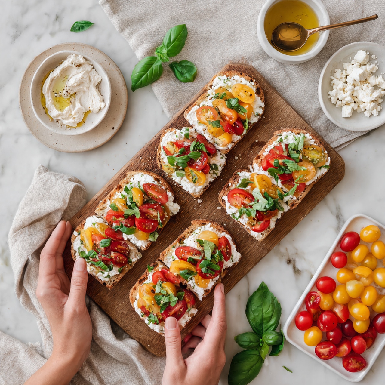 The image shows a wooden board with seven pieces of toasted bread topped with three layers: a white creamy spread as the bottom layer, slices of red and yellow tomatoes in the middle, and green fresh basil leaves scattered on top, with a light drizzle of olive oil and some seasoning visible. Two woman's hands are gently holding two of the toast pieces, one at the top of the board and one at the bottom. Around the board, there are fresh basil leaves, a white bowl with a beige dip and a spoon, a small white plate with crumbled white cheese, and a white tray holding red and yellow small tomatoes. The whole scene is on a white marbled surface with a beige linen cloth partially underneath the board. photo taken with an iphone --ar 4:5 --v 7