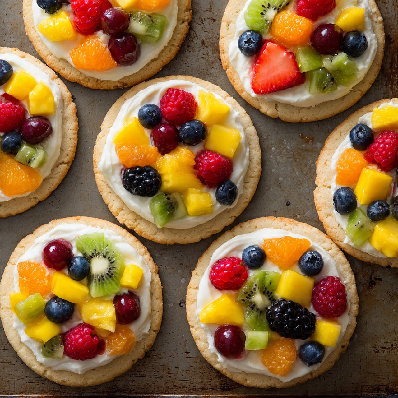 The image shows several round fruit tarts placed directly on a dark baking sheet with a white marbled surface underneath. Each tart has three layers: a light golden cookie base with a smooth texture, a thick white creamy layer spread evenly over the cookie, and on top, a colorful mix of fresh fruit pieces including green kiwi slices, yellow pineapple chunks, orange mango cubes, red raspberries and strawberries, dark purple grapes, blackberries, and blueberries. Some extra fruit pieces are scattered casually on the surface around the tarts. On the right side, a knife with white cream on its blade rests on the baking sheet. Photo taken with an iphone --ar 4:5 --v 7