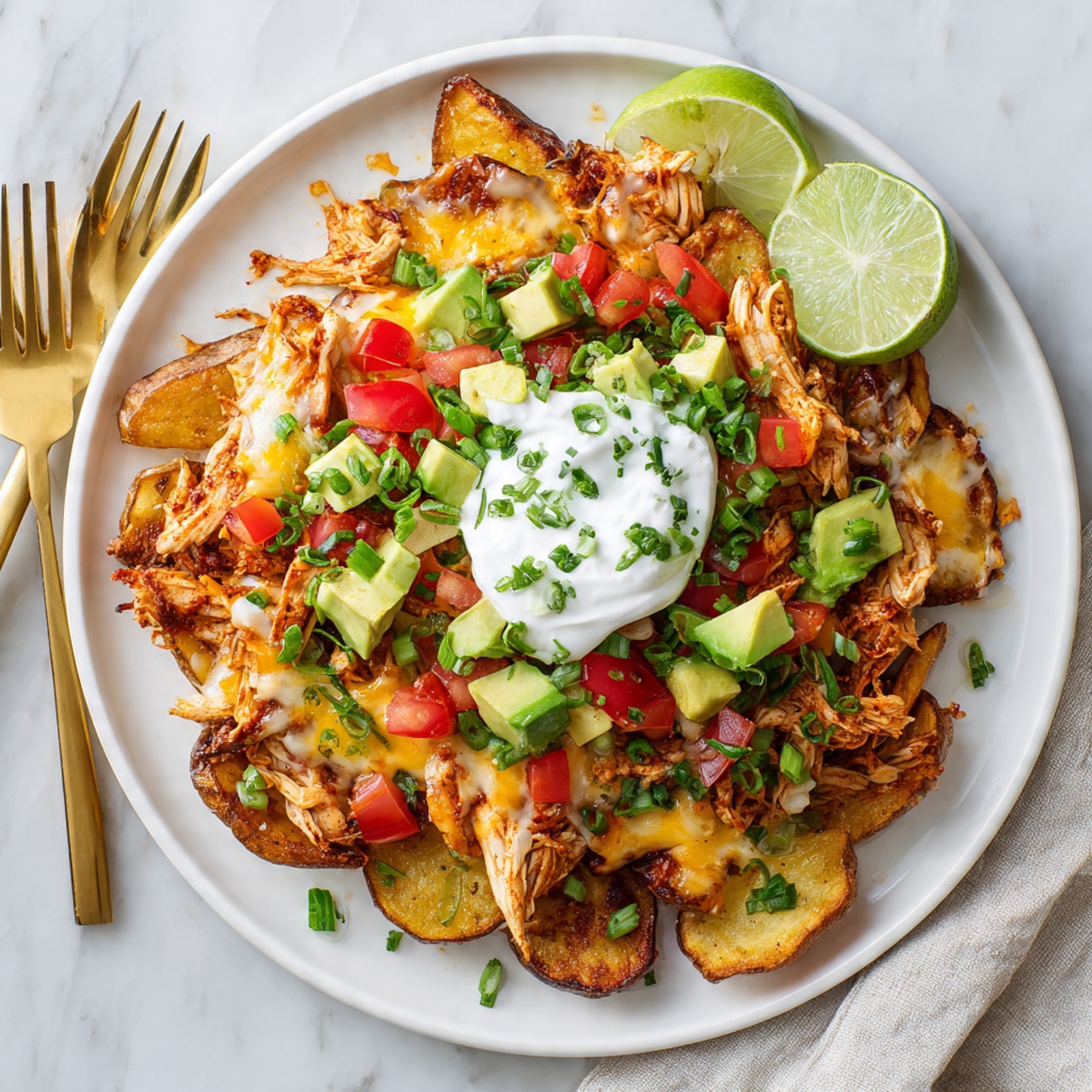 A plate of layered food with golden brown potato slices at the bottom, topped by melted light yellow cheese that covers shredded light brown chicken pieces. On top, there are diced bright red tomatoes, chunks of green avocado, and chopped green onions scattered around. A dollop of white sour cream sits in the middle, sprinkled with small green herbs. Two lime wedges rest on the side of the plate. The dish is served on a white plate placed on a white marbled surface, with a gold fork and knife nearby photo taken with an iphone --ar 4:5 --v 7