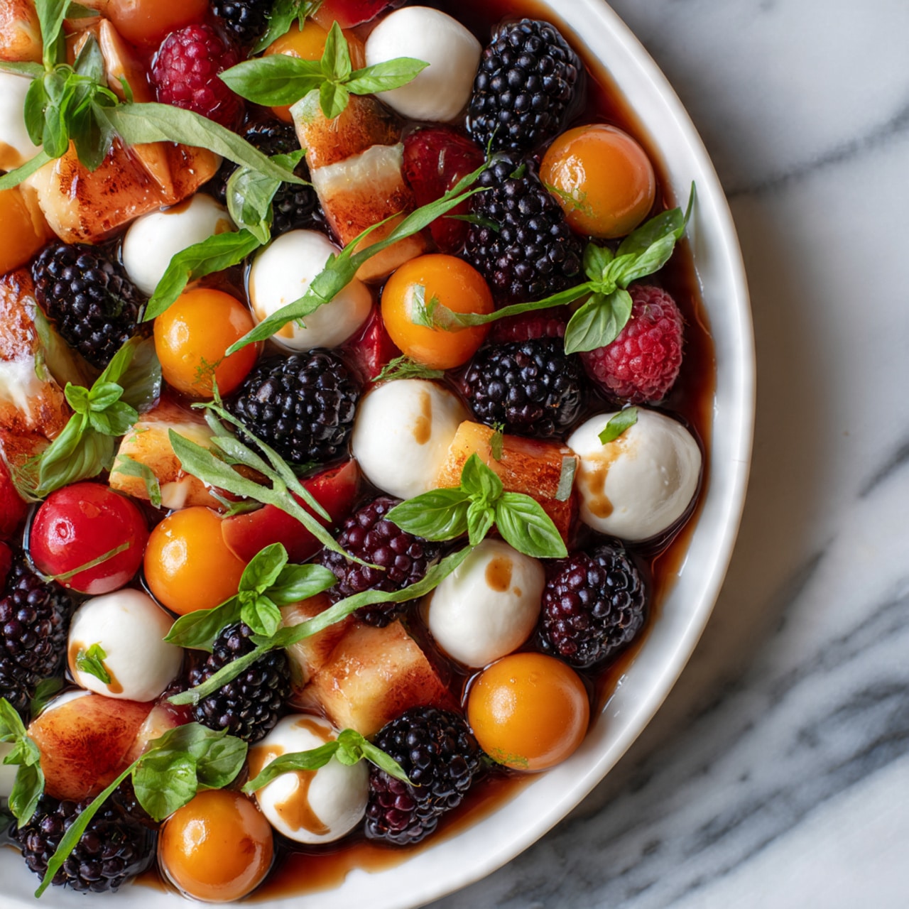A close-up view of a colorful dish with one main layer. The base shows small white balls of cheese with a smooth texture, scattered with small green leaves. Among these are round, bright orange cherry tomatoes and shiny black blackberries, both smooth and plump. There are also pieces of white and red fruit with a soft texture and yellow fruit slices, all glistening slightly. Thin green leaves are spread throughout, and a dark, shiny sauce is drizzled lightly over the top. The dish is placed on a white plate on a white marbled surface photo taken with an iphone --ar 4:5 --v 7