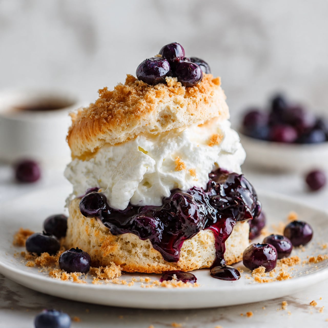 A white plate with a soft biscuit split into two layers; the bottom layer is golden and crumbly, topped with shiny dark purple blueberries and their syrup, followed by a thick dollop of fluffy white cream, then covered with the biscuit’s golden crumbly top. Around the biscuit on the plate and white marbled background are scattered whole blueberries, drops of dark purple syrup, and biscuit crumbs. Photo taken with an iphone --ar 4:5 --v 7