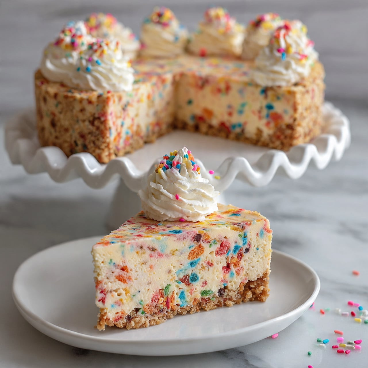 The image shows a single slice of a colorful cheesecake with two main layers. The bottom layer is a crust with a rough texture and a mix of brown and specks of bright colors all around it. The top layer is a thick, creamy cheesecake filled with tiny colorful bits that make it look festive and speckled all over. On top of the slice, there is a dollop of whipped cream that has small colorful dots mixed throughout, giving it a fun, speckled appearance. The slice is placed on a white marbled surface, and behind it, the remaining cheesecake is held on a white cake stand with ruffled edges, decorated with scattered colorful sprinkles. Photo taken with an iphone --ar 4:5 --v 7