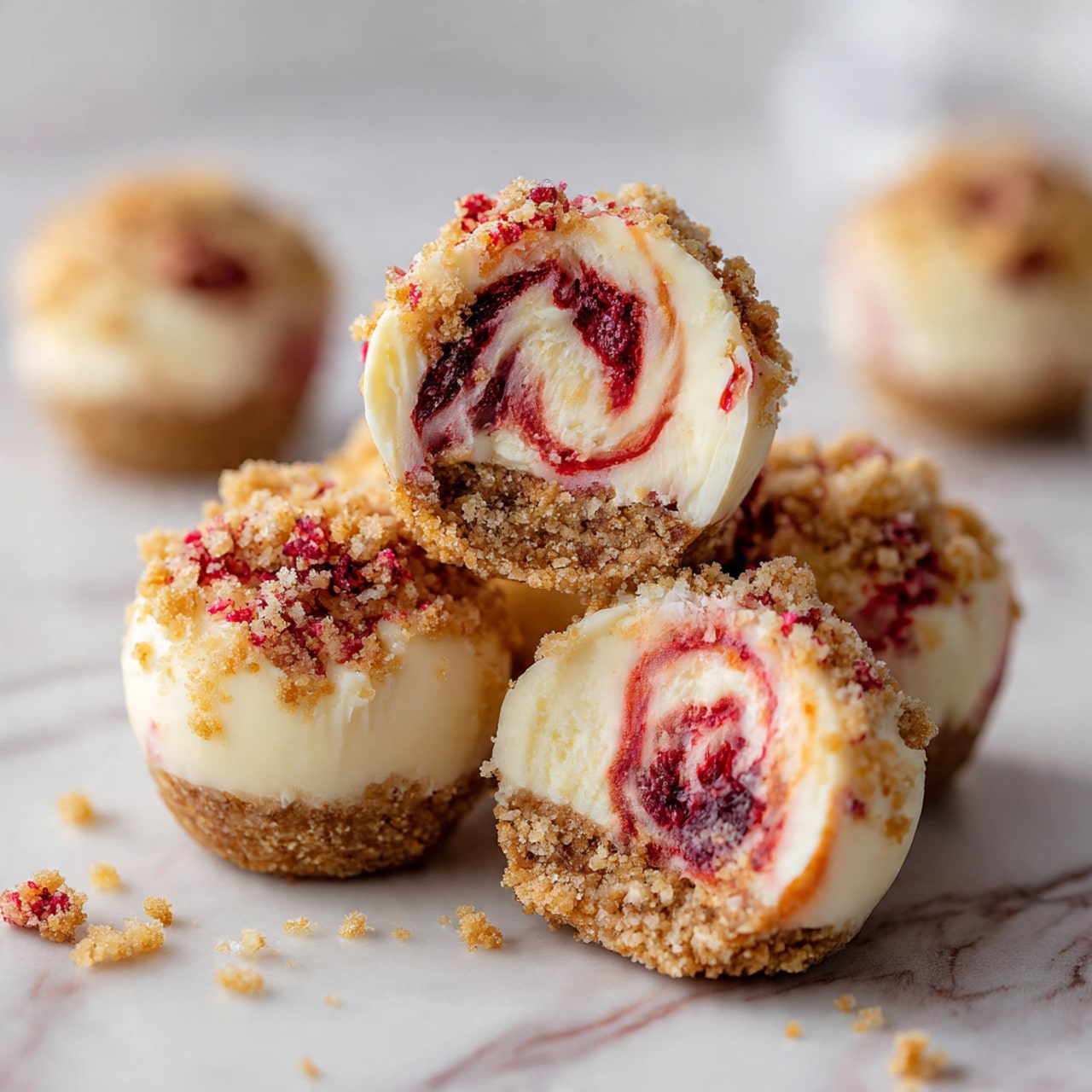 This image shows four small, round, creamy white desserts with a crumbly golden brown base layer. Each dessert has a swirl of bright pink running through the middle layer inside, adding color and texture. The outside of the white creamy part is covered in a crumbly mix of golden brown and pink crumbs, making the surface rough and textured. They are placed close together on a white marbled surface, with the focus on the front dessert and the others softly blurred in the background. photo taken with an iphone --ar 4:5 --v 7