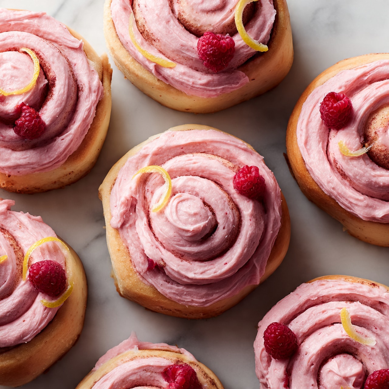 A close-up view of nine soft, swirled rolls arranged tightly together on a white marbled surface. Each roll has two layers: a golden-brown dough base with a visible spiral pattern, and a thick, creamy pink frosting generously spread on top, filling the spiral grooves and slightly dripping into the gaps between rolls. Scattered on the rolls are small red raspberries and thin lemon slices, contrasting with the pink frosting and warm dough color. The rolls are closely packed, showing slightly rounded edges and smooth textures. photo taken with an iphone --ar 4:5 --v 7