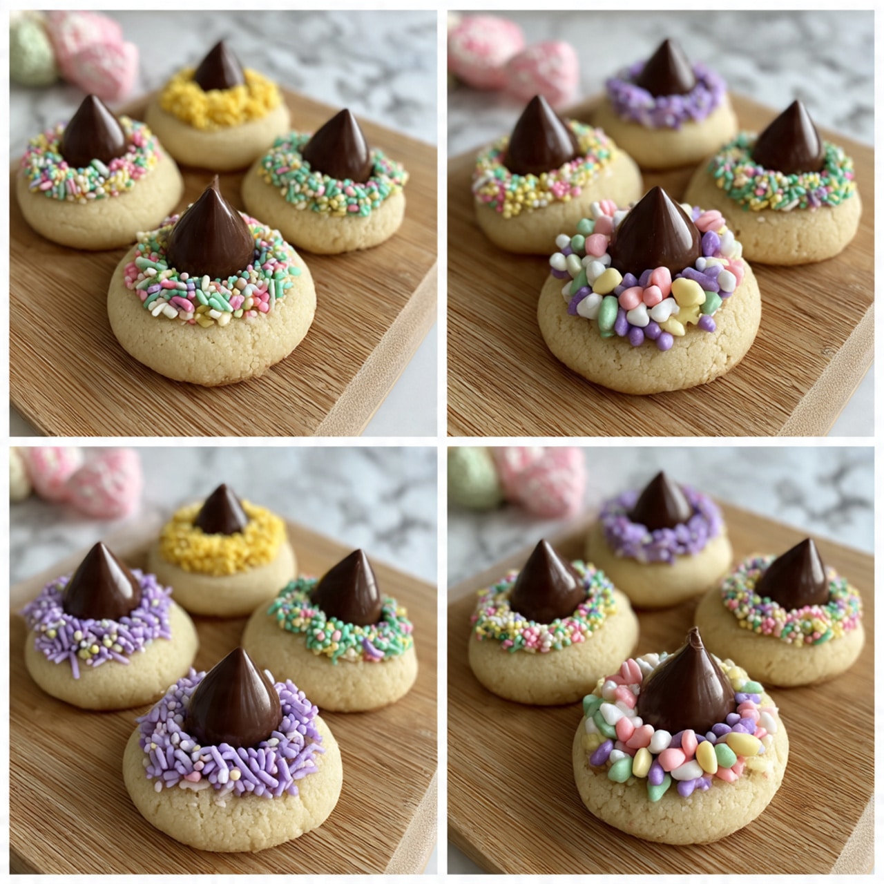 Six round cookies with a soft beige color are placed on a wooden board. Each cookie has colorful sprinkles arranged in a thick circular ring near the edges, with some cookies having mixes of yellow, pink, white, green, and purple star and rod-shaped sprinkles, while one cookie has small round sprinkles in pastel colors. In the center of each cookie sits a smooth, dark chocolate kiss candy with a shiny surface and a pointed tip. The background includes a white marbled texture partially visible around the wooden board. Photo taken with an iphone --ar 4:5 --v 7