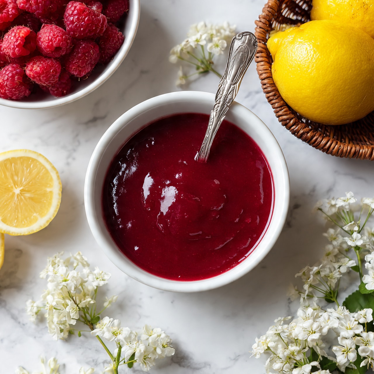 A white bowl sits on a white marbled surface, filled with a thick, deep red sauce spread evenly to cover the bottom but thin enough to show the bowl's shape underneath; a silver spoon with a detailed handle rests inside the bowl, partly coated with the sauce. Around the bowl, there is a basket with four bright yellow lemons, a halved lemon placed near the bowl, and a white bowl filled with fresh red raspberries in the background. Small white flowers are scattered near the bowl, adding a soft, natural touch. Photo taken with an iphone --ar 4:5 --v 7