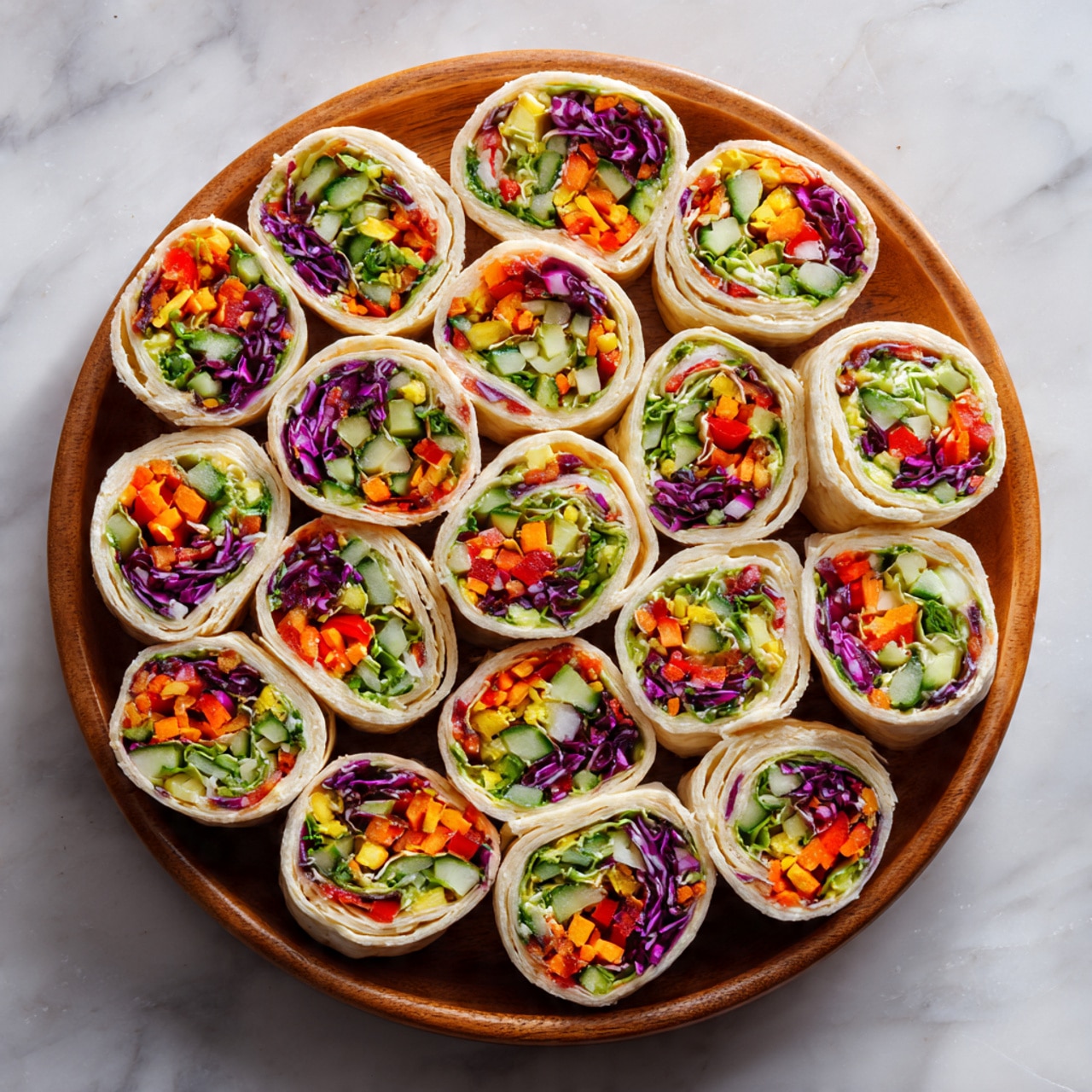 A round wooden plate holds twenty colorful vegetable wrap slices arranged closely together, showcasing three visible layers in each slice: the outer light beige wrap, a middle creamy spread, and inner layers of finely chopped fresh vegetables including bright green cucumber chunks, shredded purple cabbage, red bell peppers, orange carrots, and yellow bell peppers. The vegetables create a vibrant, textured mix with crisp and fresh colors, filling each slice fully. The plate sits on a white marbled surface. Photo taken with an iphone --ar 4:5 --v 7