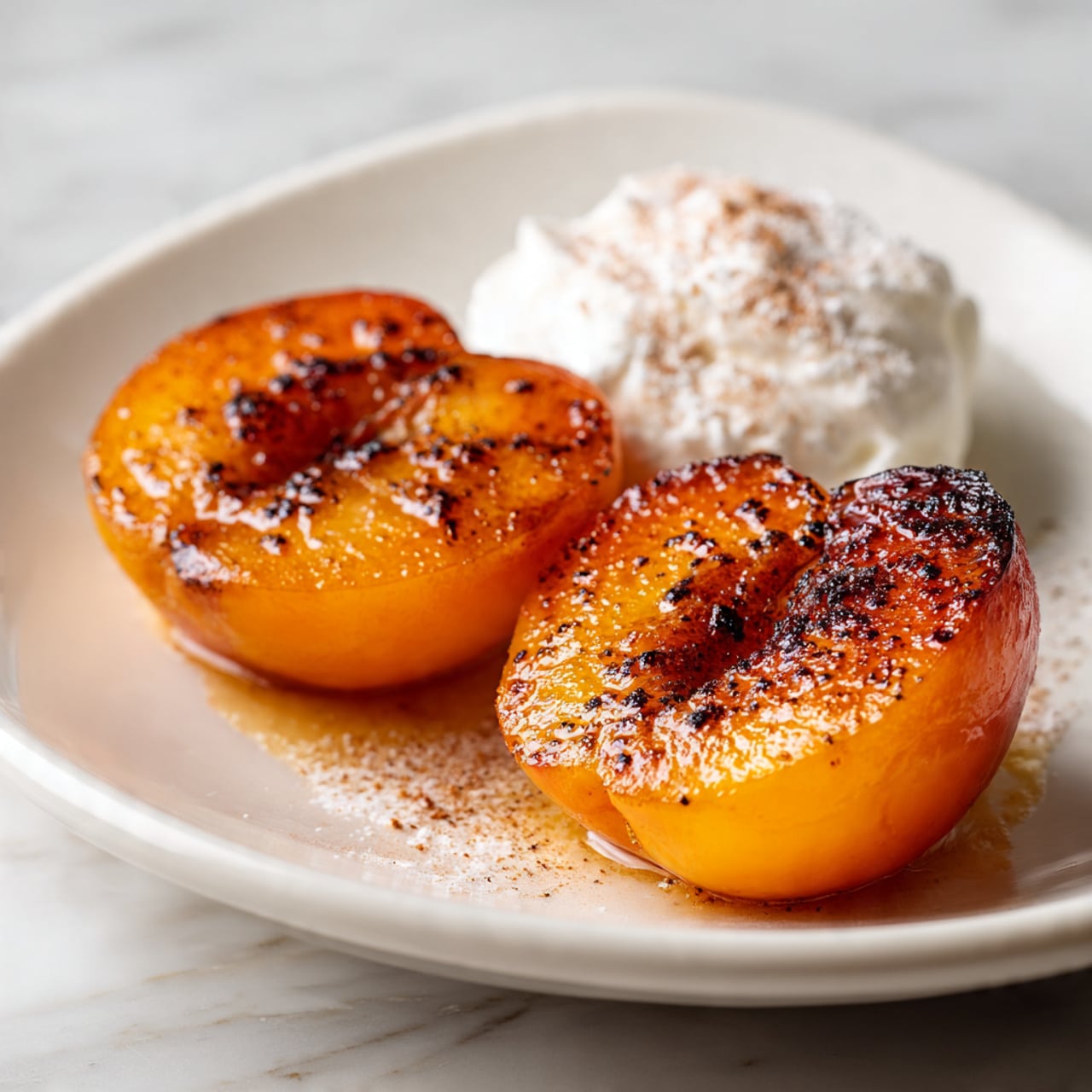 The image shows two halves of cooked apricots with a shiny, caramelized orange surface and dark specks of seasoning on top, positioned side by side in the front center. Behind the apricots, there is a soft, white dollop of cream or yogurt with a powder sprinkle, adding contrast to the bright orange fruit. All the elements rest on a smooth, curved white plate, placed on a white marbled textured surface. The photo is taken closely, focusing on the vivid colors and textures of the apricots and cream, with soft shadows in the background. Photo taken with an iphone --ar 4:5 --v 7