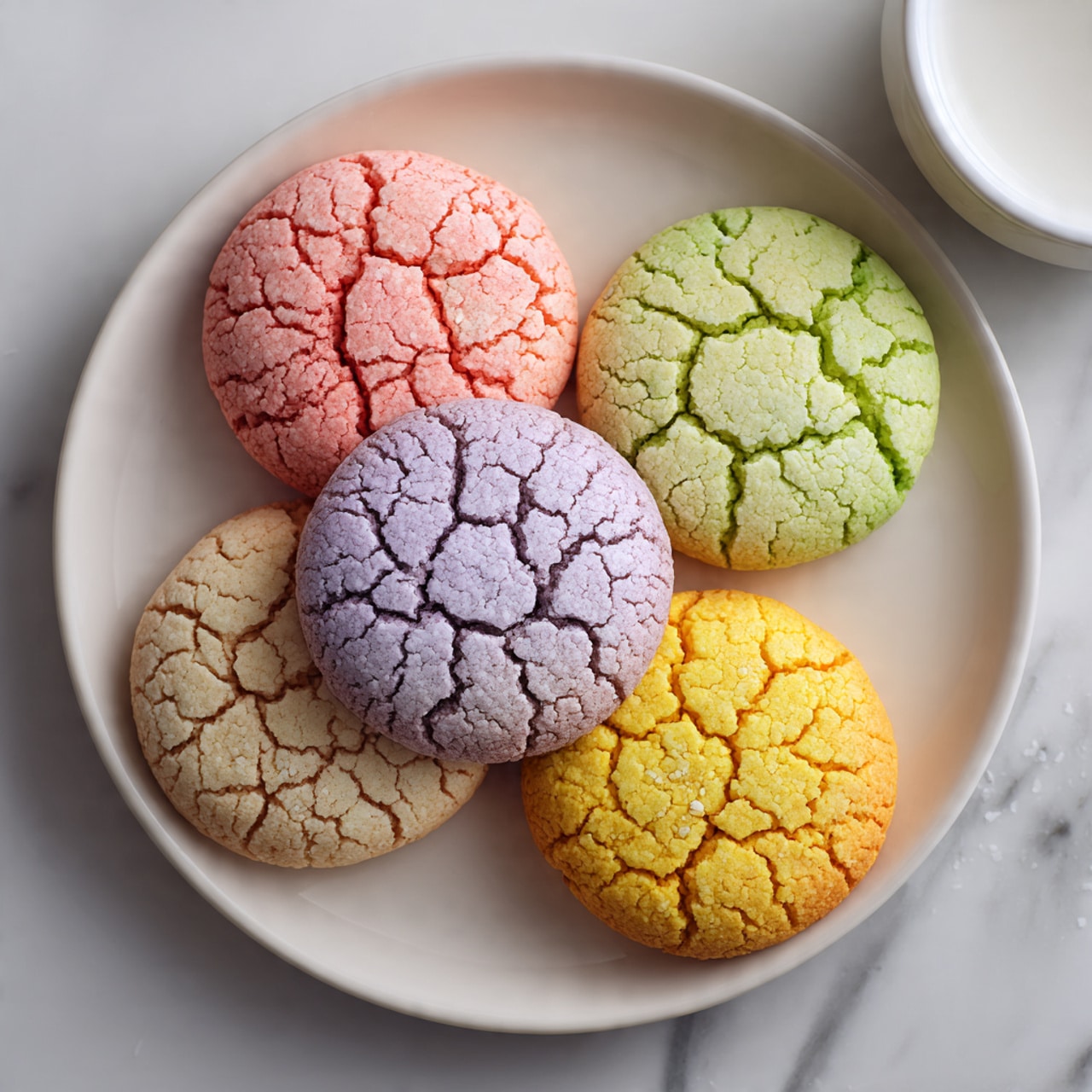 The image shows a white round plate filled with six colorful cracked cookies. The cookies have a soft, cracked texture with deep lines running across their surfaces. There are two light pink cookies with slightly darker pink cracks, one green cookie with darker green cracks, one pale purple cookie with darker purple cracks, and one bright yellow cookie with orange cracks. The cookies are slightly stacked and overlapping each other on the plate. The plate is placed on a white marbled surface with a small white bowl visible near the top left corner. Photo taken with an iphone --ar 4:5 --v 7