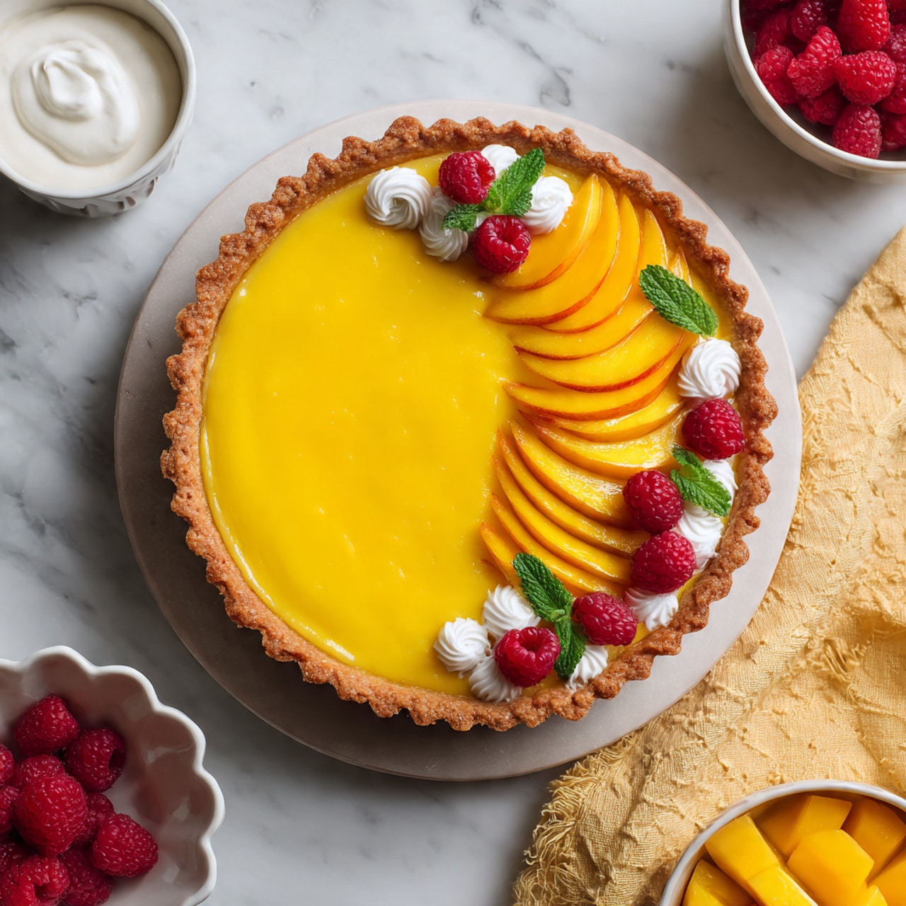 A round tart with a light brown crust filled with smooth, bright yellow mango filling. On the top right side, thin slices of mango are layered in a fan shape. Red raspberries and small white cream swirls are scattered on the top and around the mango slices. Small green mint leaves are placed among the fruit for color contrast. The tart sits on a white marbled surface, partly on a yellow cloth with a textured pattern. Around the tart, a white bowl with cream, a white scalloped bowl with raspberries, and a white bowl with mango slices are visible. photo taken with an iphone --ar 4:5 --v 7