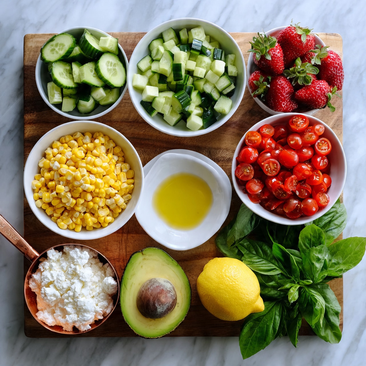 The image shows fresh ingredients placed on a wooden board against a white marbled background. There are six white bowls filled with cut cucumber pieces, halved strawberries, yellow cooked corn, halved cherry tomatoes, and a small bowl with golden olive oil. A copper measuring cup filled with white crumbled cheese sits next to a cut avocado half with its brown seed visible. A small bowl with a whole yellow lemon and fresh green basil leaves complete the arrangement. Photo taken with an iphone --ar 4:5 --v 7