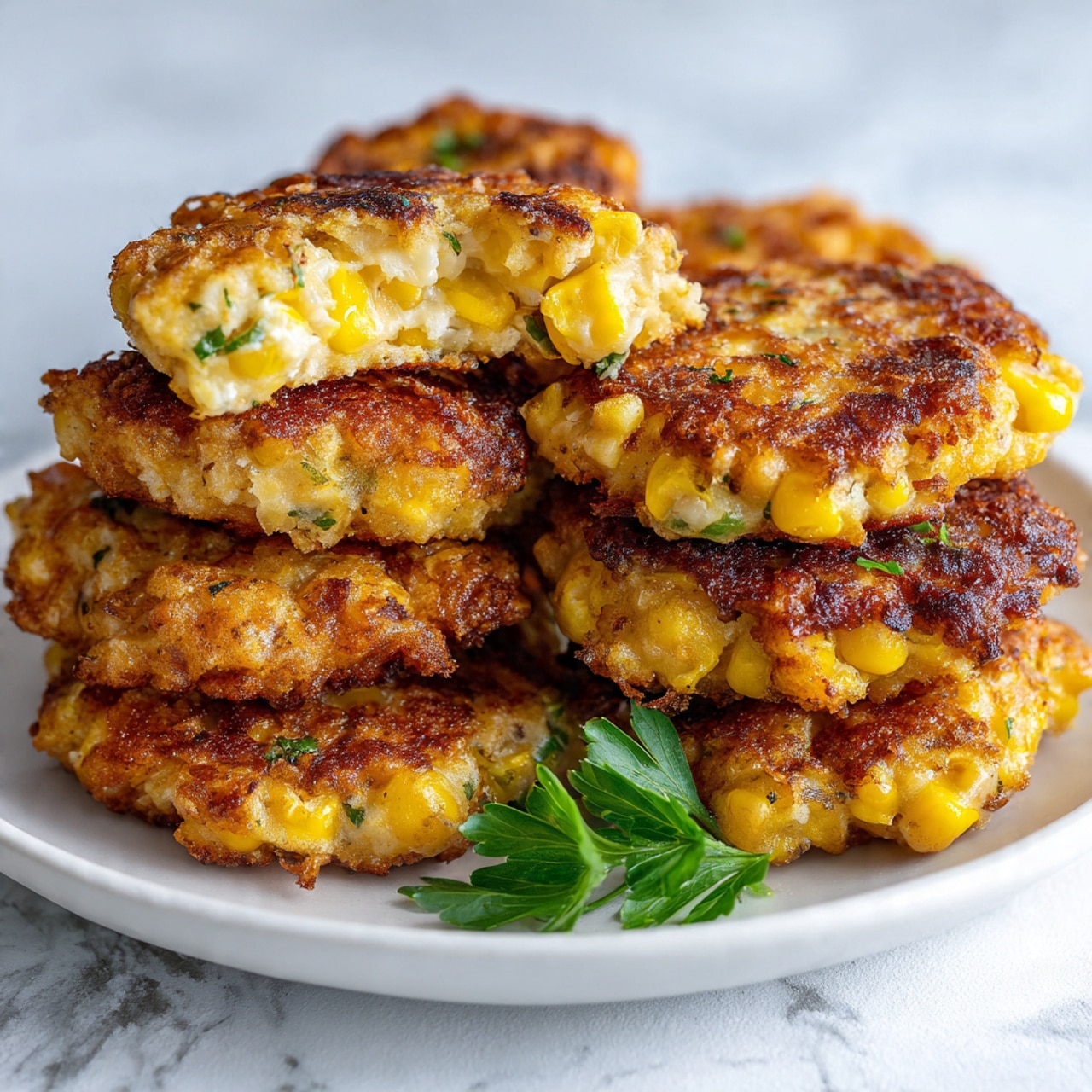 The image shows a white plate on a white marbled surface with several golden brown fried corn fritters stacked together. Most fritters have a rough, crispy texture with visible kernels and small bits of green herbs mixed into the batter. One fritter is broken in half and placed on top, showing a thick, soft inside filled with bright yellow corn pieces evenly spread through the pale batter. A small slice of green garnish sits beside the fritters on the plate. Photo taken with an iphone --ar 4:5 --v 7