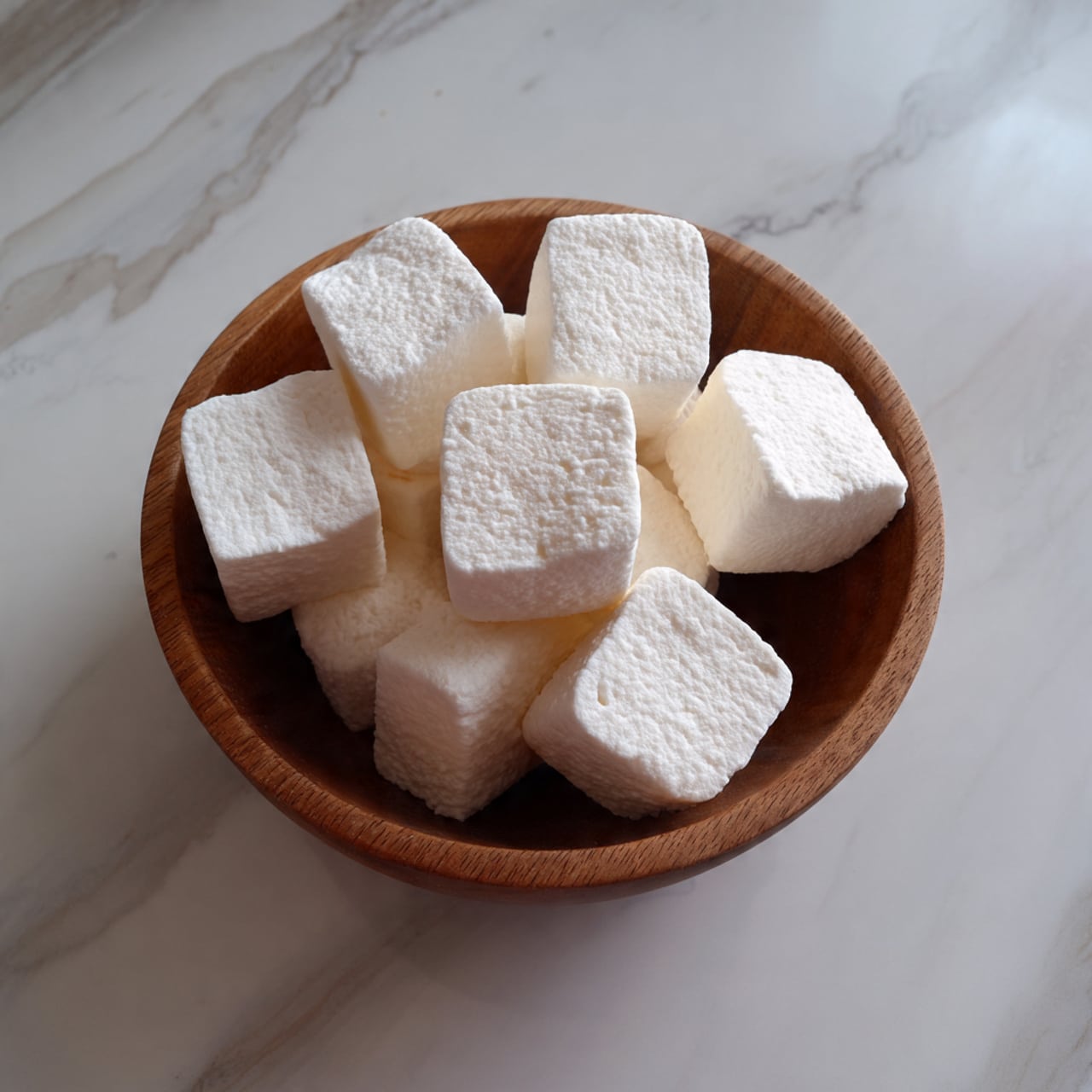 A round wooden bowl filled with many white marshmallows stacked loosely inside, each marshmallow soft and smooth with a slightly fluffy texture, some showing rounded edges while others have more square shapes, all resting on a white marbled surface. photo taken with an iphone --ar 4:5 --v 7