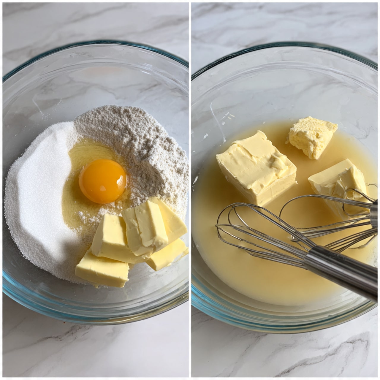 A large clear glass bowl sits on a white marbled surface, holding ingredients before mixing. The bowl contains three layers: a pile of white sugar spread mostly on the upper side, two pale yellow blocks of butter near the center-right, a cracked egg with a yellow yolk near the bottom center, and light brown liquid spread around the egg and butter. Next to this, the same bowl is shown from the same angle, now with a smooth pale yellow batter inside. Two stainless steel mixer beaters rest on the right side of the bowl, partially submerged in the batter. Photo taken with an iphone --ar 4:5 --v 7