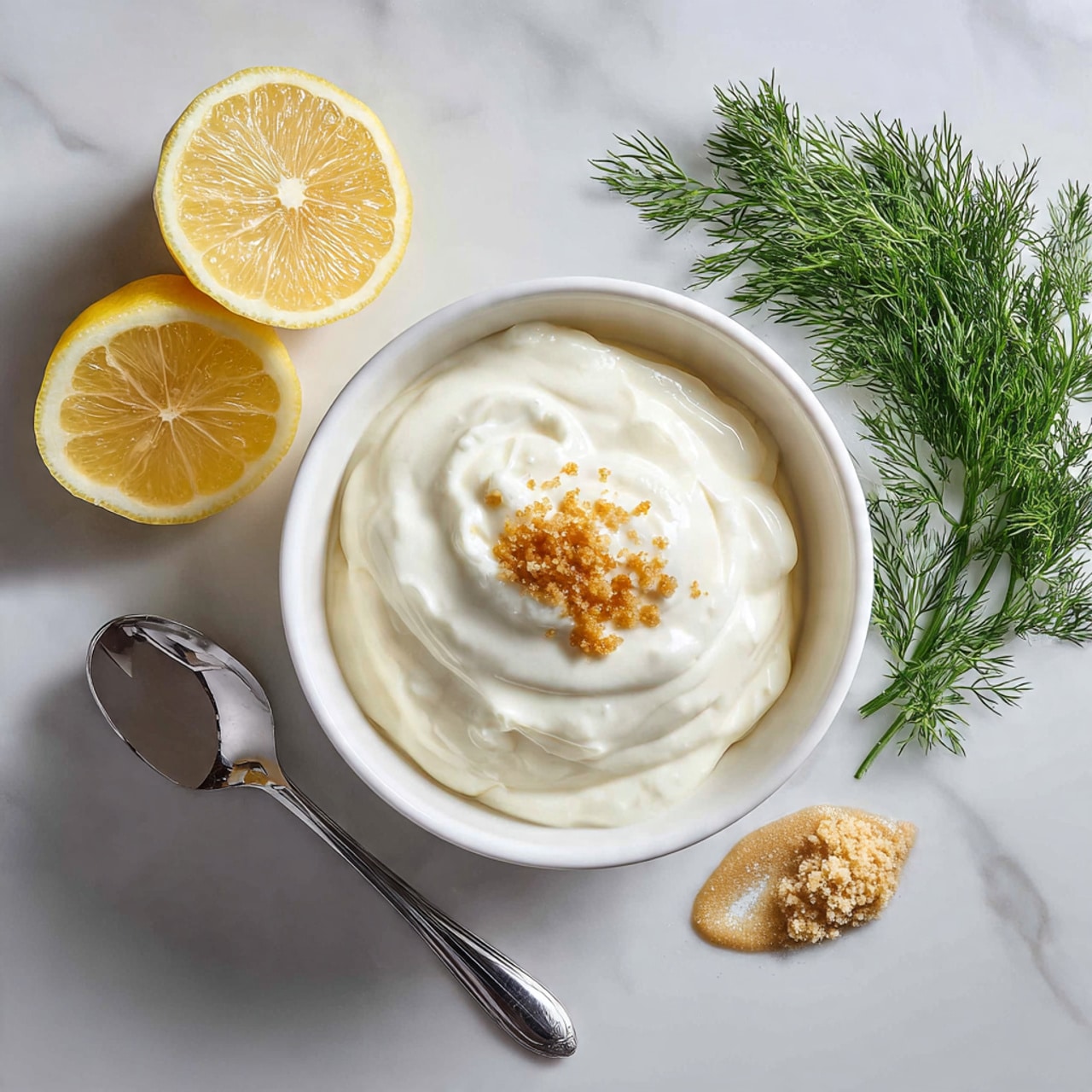 A bowl with a smooth thick white cream topped partially by a small dollop of light brown mustard is shown from above. The bowl is white and round, placed on a white marbled surface. Next to the bowl on the left is a half lemon with bright yellow flesh and to the top right is a small bunch of fresh green dill. A silver spoon with some white cream and a bit of light brown mustard on it lies to the right of the bowl. Photo taken with an iphone --ar 4:5 --v 7