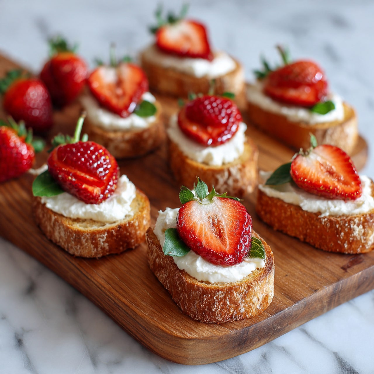 Six slices of light brown bread each have a layer of thick white cream spread on top. On every slice, a strawberry half is placed at the top center, looking like a red flower with smooth, slightly shiny petals. A thin green stem made from a small piece of green vegetable extends downward from the strawberry, with two shiny green leaves arranged on either side of the stem below the strawberry. The slices are arranged on a wooden board with fresh whole strawberries scattered around. The background is a white marbled texture. photo taken with an iphone --ar 4:5 --v 7