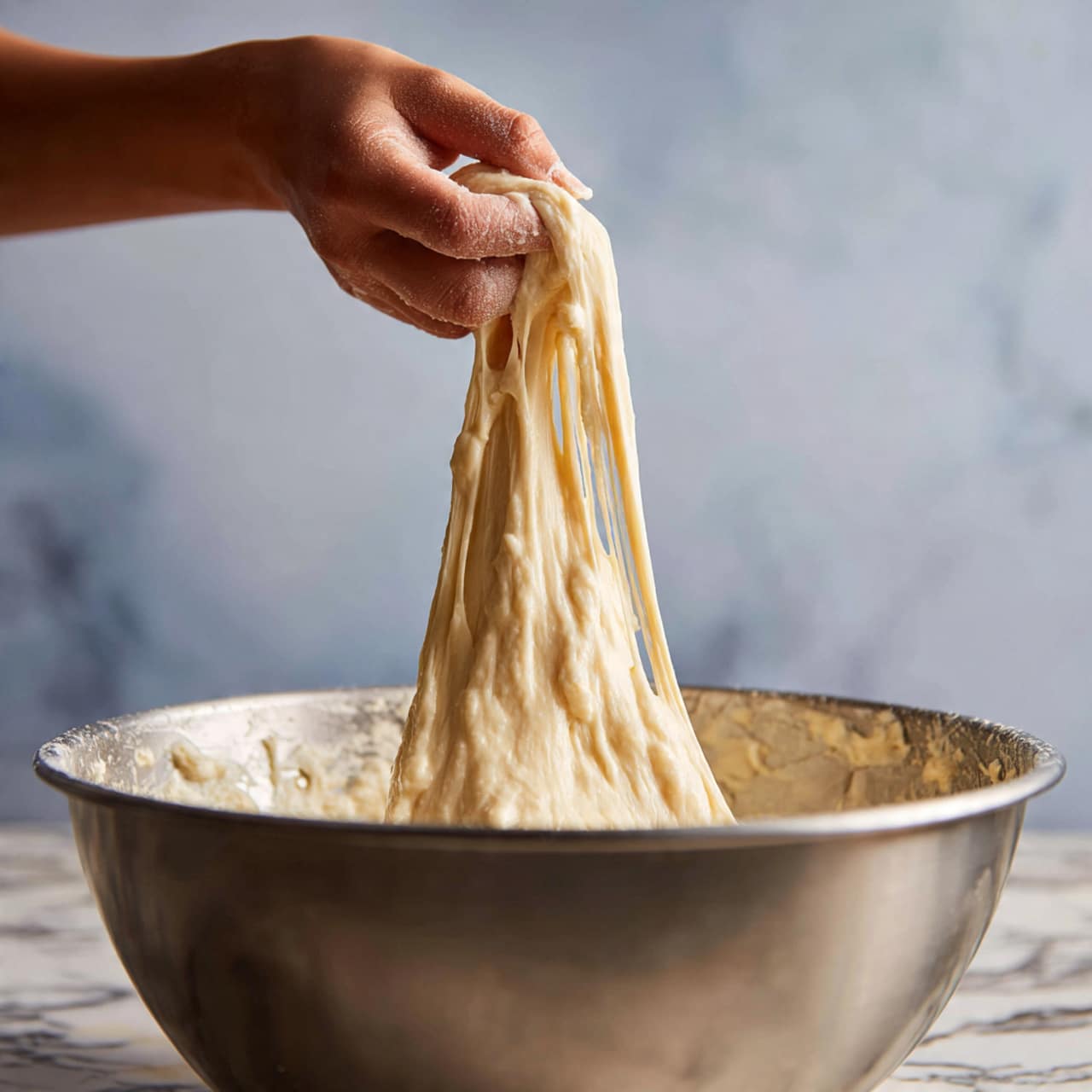 A close-up image of a woman's hand dusted with flour stretching a light beige dough from a large metal mixing bowl. The dough is soft and sticky, slightly shiny with some flour sprinkled over it, hanging loosely with visible texture and small bubbles. The background is blurred with a white marbled surface visible below the bowl, emphasizing the dough and woman's hand. Photo taken with an iphone --ar 4:5 --v 7