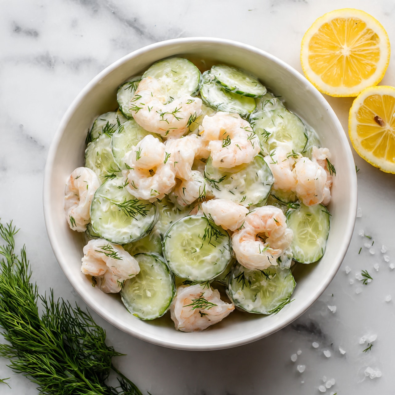 A white bowl on a white marbled texture surface holds a shrimp and cucumber salad. The salad has two main layers: the base layer is thin, round cucumber slices in light green with a watery texture, and on top are plump, pale pink shrimp scattered evenly. Both layers are mixed with a creamy white dressing that lightly coats the shrimp and cucumber. Small sprigs of fresh green dill are spread throughout the salad, adding texture and color. Two bright yellow lemon slices rest near the top right outside the bowl, and a small bunch of green dill lies at the bottom left of the bowl. The photo is taken with an iphone --ar 4:5 --v 7