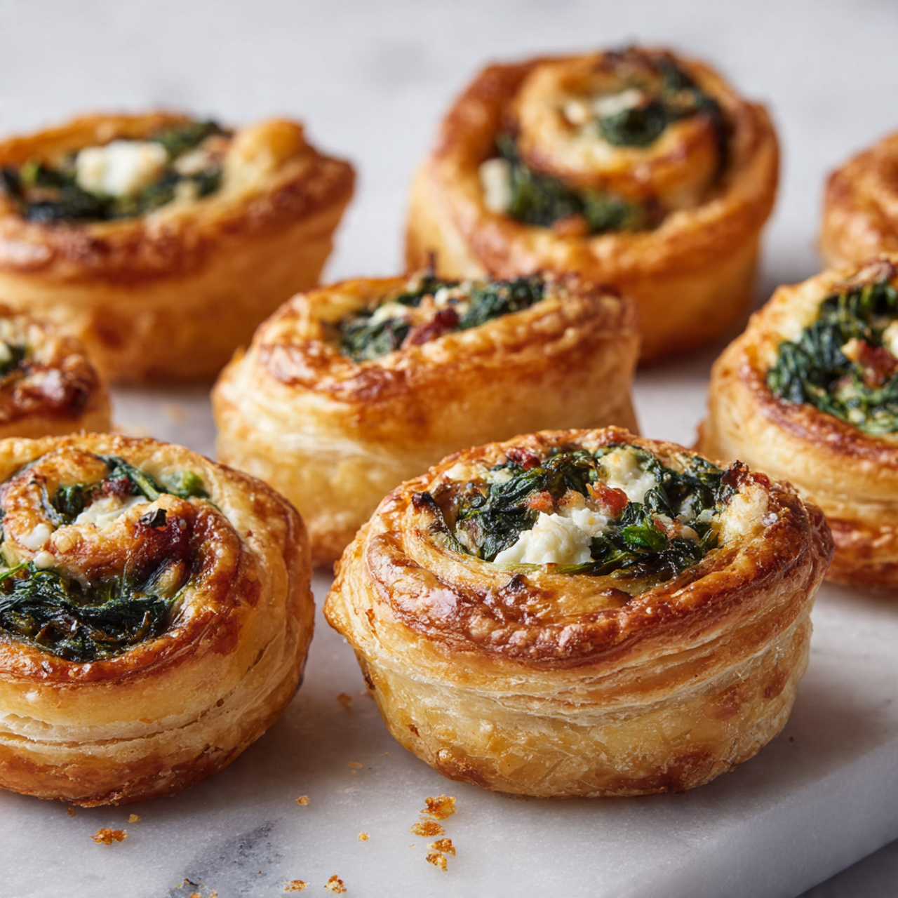 The image shows several small, round puff pastries on a white marbled surface. Each pastry has three visible layers of golden-brown, flaky dough folded around a filling. The filling contains a mix of finely chopped dark green spinach and white cheese with small spots of red tomato pieces. The dough is puffed and crisp, with a shiny baked finish on the outside edges. The pastries are arranged close together, showing slight texture variations on each one, with some crumbs around them. photo taken with an iphone --ar 4:5 --v 7