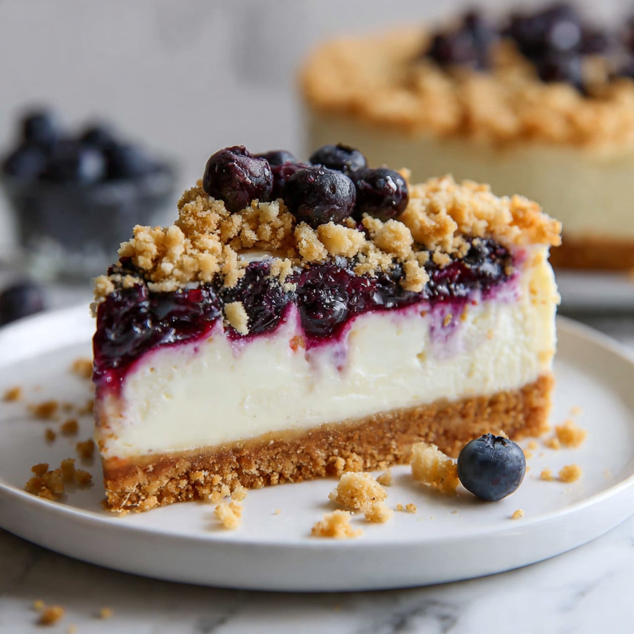 A slice of cheesecake with three clear layers sits on a white plate placed on a white marbled surface. The bottom layer is a golden brown crumb crust, rough in texture and about one-fifth of the slice height. The middle layer is thick and creamy white, smooth and soft, making up the largest part of the slice. The top layer is thin but uneven, with a crumbly, golden brown crumble mixed with dark purple blueberries that have burst slightly, leaving purple juice stains that mix with the white filling near the edge. The rest of the cheesecake, topped with the same crumble and blueberries, is partly visible at the bottom of the image. Blueberries are scattered around on the white marbled surface. Photo taken with an iphone --ar 4:5 --v 7
