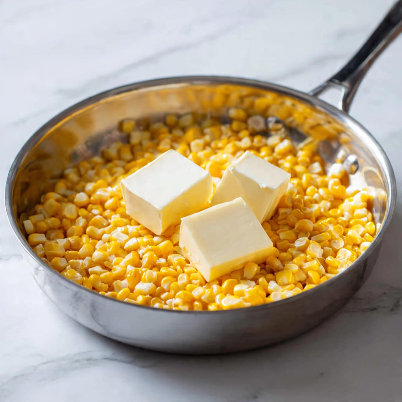 A stainless steel pan filled with bright yellow corn kernels as the base layer, topped with two chunks of butter, one larger and off-white and the other smaller and pale yellow, both placed near the center; the pan has a black handle, and it sits on a white marbled surface with soft natural light highlighting the textures and colors of the corn and butter, photo taken with an iphone --ar 4:5 --v 7
