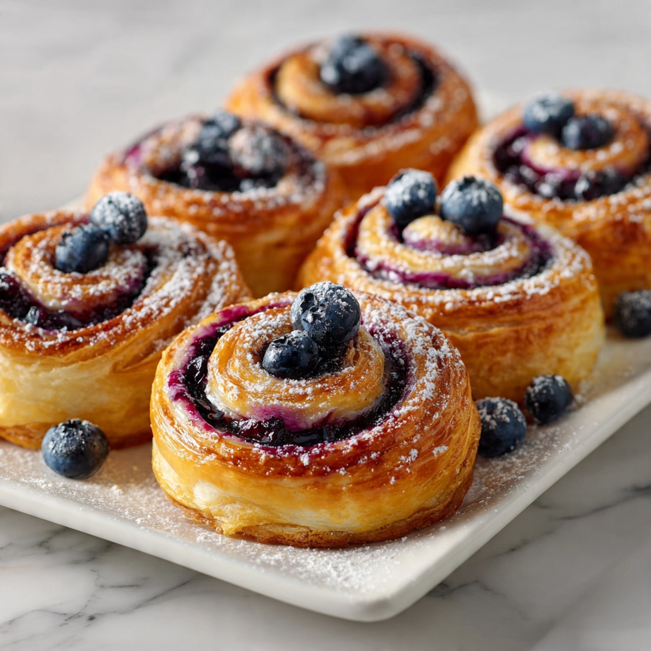 A close-up view of six golden-brown puff pastry rolls arranged closely on a white rectangular plate. Each roll has visible layers of flaky pastry, spiraled with a smooth purple-blueberry filling, and topped with small fresh blueberries that add a deep blue color. A light dusting of white powdered sugar covers the rolls, enhancing their texture. The rolls have a shiny glaze on top that makes them look fresh and moist. The plate rests on a white marbled surface, and the background is softly blurred to keep the focus on the rolls. Photo taken with an iphone --ar 4:5 --v 7