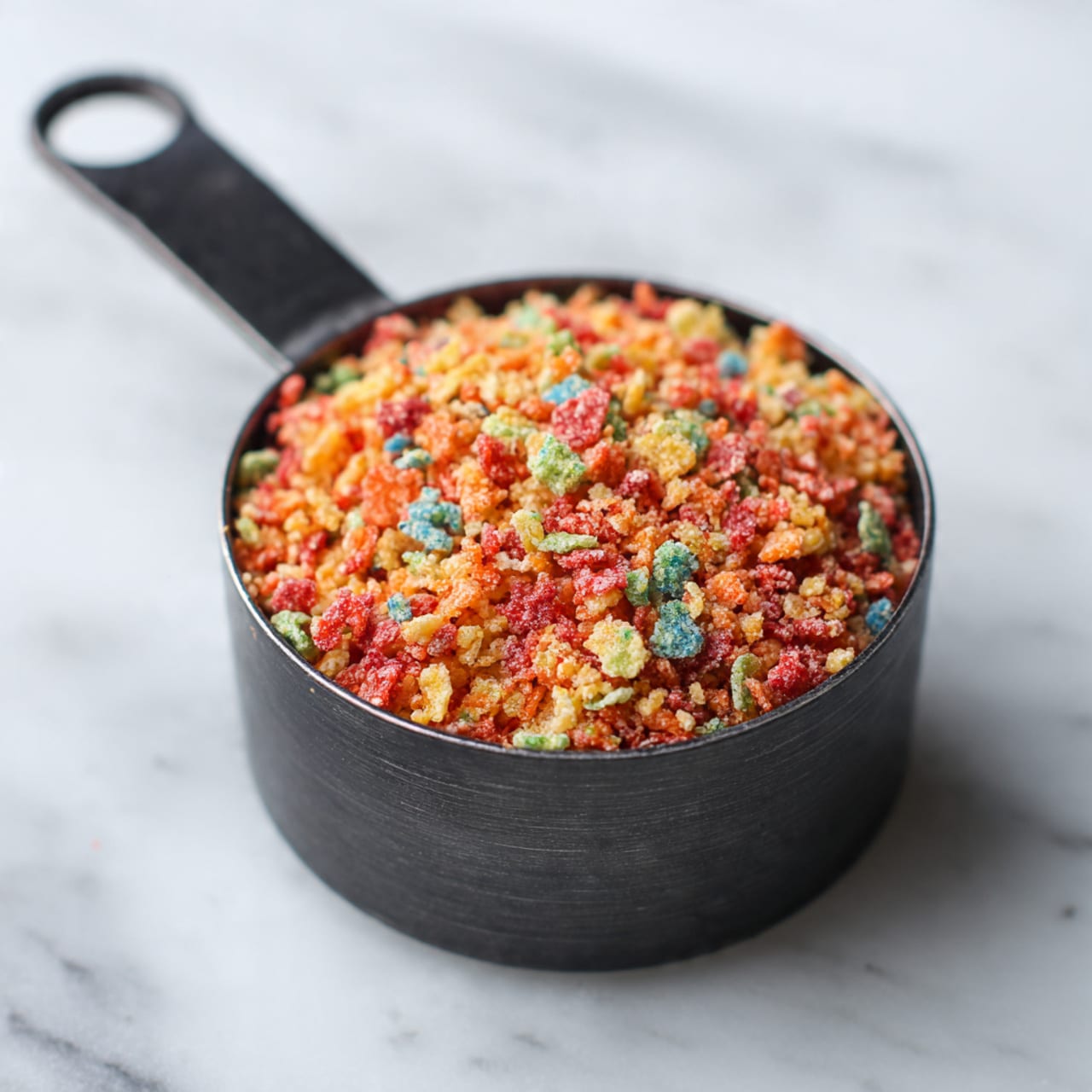 A black metal measuring cup filled to the top with small, colorful crunchy crumbs that look like bits of cereal. The crumbs are a mixture of red, orange, yellow, green, and blue colors, creating a bright and textured appearance. The cup is set on a surface with a white marbled texture, which contrasts softly with the vibrant crumbs. Photo taken with an iphone --ar 4:5 --v 7
