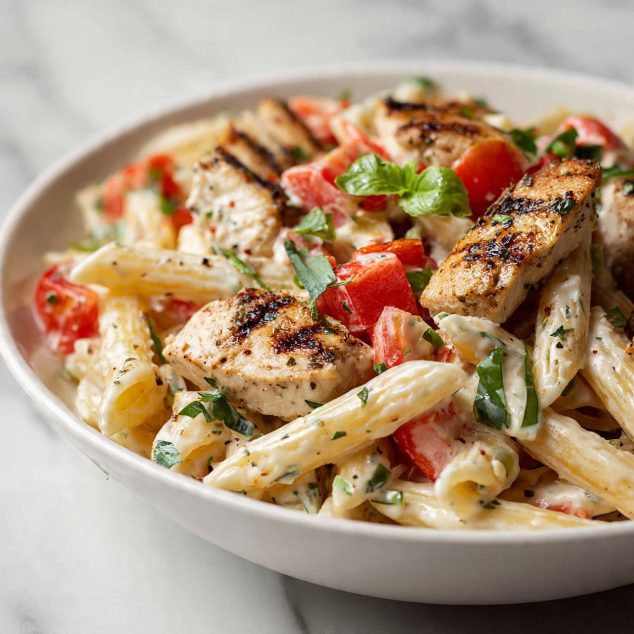 A white plate holds creamy penne pasta at the bottom layer, showing a smooth and thick texture with a light cream color. On top of the pasta, there are many pieces of grilled chicken with a slightly browned and seasoned surface, giving a mix of light brown and dark specks. Scattered over the chicken are small diced bright red tomatoes with bits of green basil leaves, adding fresh color and texture contrast to the dish. The dish is served on a white marbled surface. Photo taken with an iphone --ar 4:5 --v 7