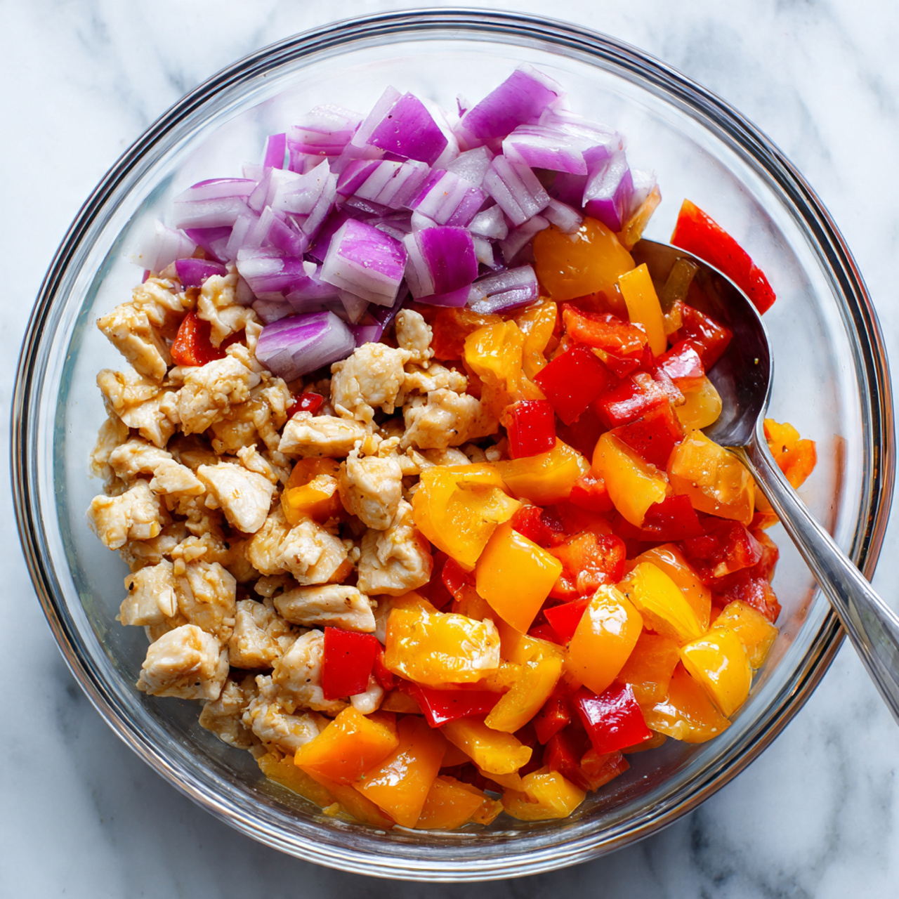 A clear glass bowl contains a mix of three main layers: the bottom layer consists of small, light beige pieces of raw chicken with a glossy texture, scattered evenly throughout; the middle layer has bright orange and red bell pepper chunks, cut into larger pieces that contrast with the chicken; the top layer consists of wedges of purple-red onion with visible white inner layers, mixed among the chicken and peppers. A silver spoon is placed inside the bowl on the right side. The bowl is set on a surface with a white marbled texture. photo taken with an iphone --ar 4:5 --v 7