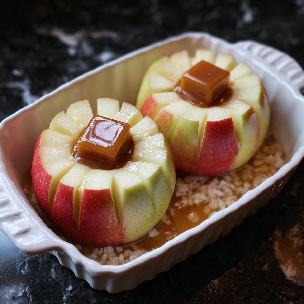 Two apple halves sit side by side in a white baking dish with a fluted edge. Each apple is peeled to reveal pale yellow flesh and has been sliced into thick rings with a caramel square placed in the hollow center. The apples' skins remain partially visible around the edges, showing a red and yellow gradient. The baking dish rests on a dark surface, but the background should be imagined as a white marbled texture. photo taken with an iphone --ar 4:5 --v 7