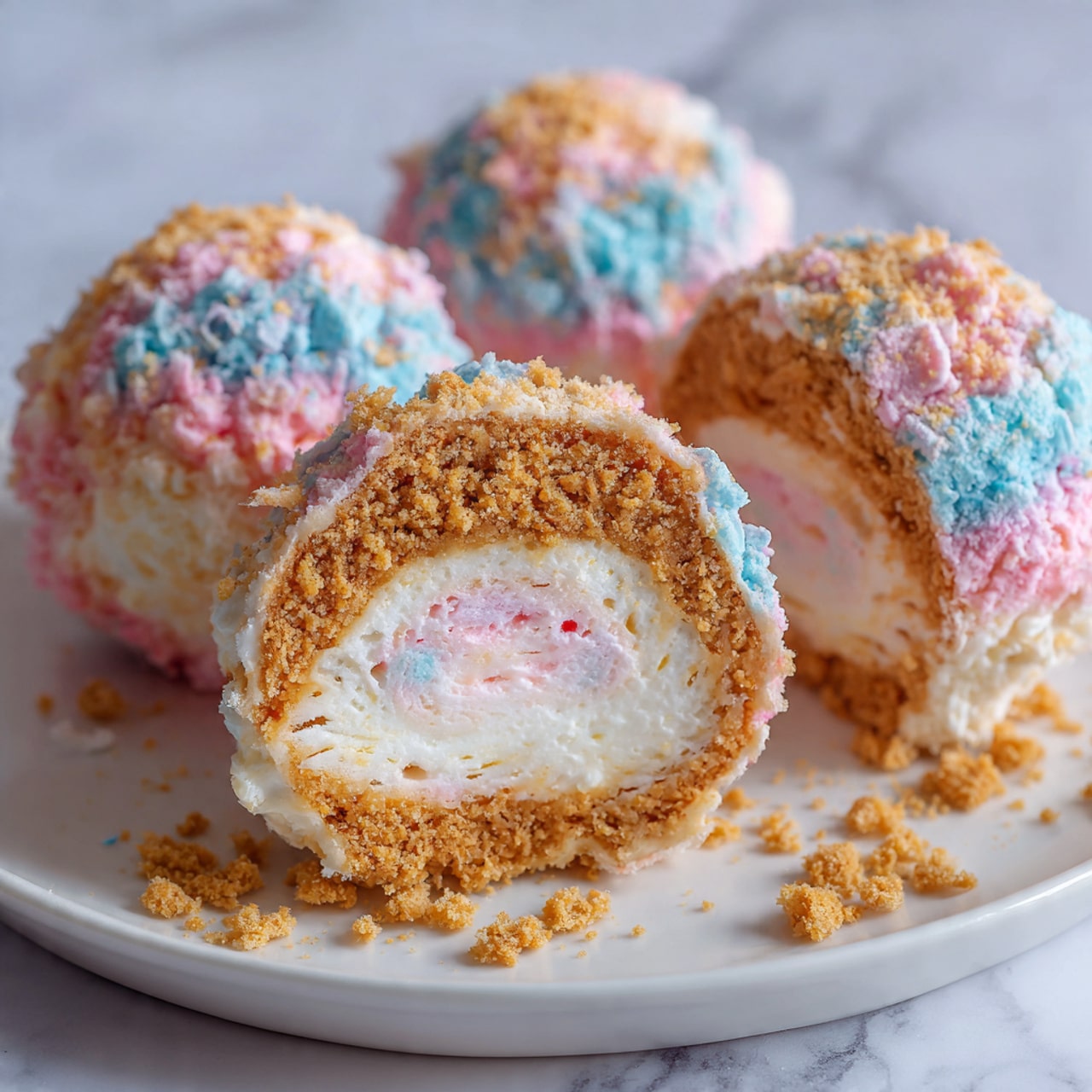 The image shows round dessert balls with three layers. The bottom layer is crumbly and golden brown, like crushed biscuits. The middle layer is creamy white with swirls of light pink, creating a soft and smooth texture inside. The outer layer is covered with fluffy, rough crumbs in a mix of pastel pink, blue, and white colors, giving a soft, snowy look. The dessert balls are placed on a white plate with a few crumbs scattered around. The background has a white marbled texture. Photo taken with an iphone --ar 4:5 --v 7