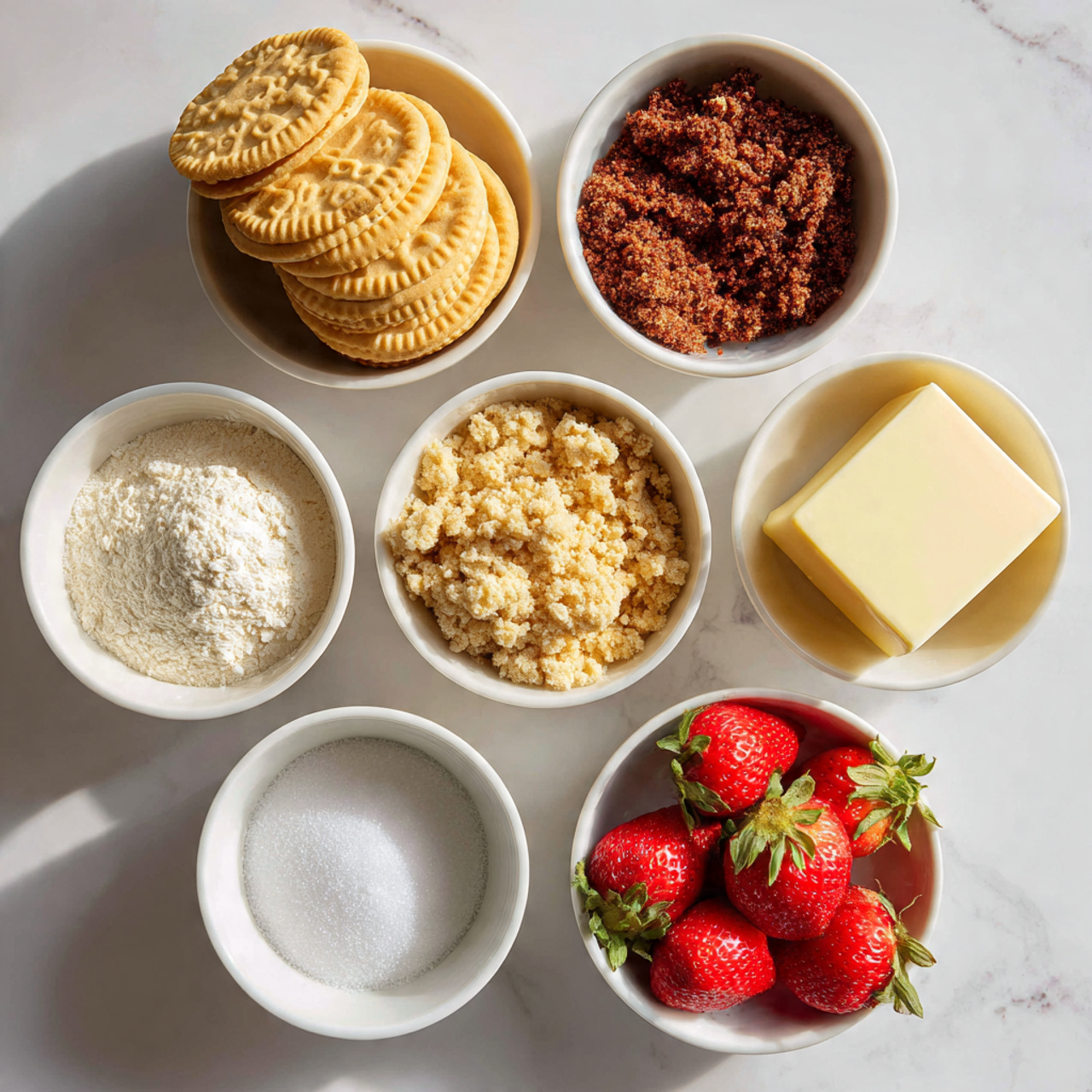The image shows seven small round white bowls arranged on a white marbled surface, each holding different ingredients. Starting from the top left corner, there is a stack of golden yellow sandwich cookies with detailed patterns, next to a bowl filled with dark red crushed crumbs with a rough texture. Below those, there is a bowl with white powdery flour in the center, and to the right, a bowl with light golden crumbly pieces. Below the flour bowl, a small bowl holds granulated white sugar, and next to it, another bowl contains a thick pale yellow block of butter. At the bottom right, a bowl contains four bright red strawberries with green stems, showing natural texture and shine. The lighting casts soft shadows around the bowls. Photo taken with an iphone --ar 4:5 --v 7