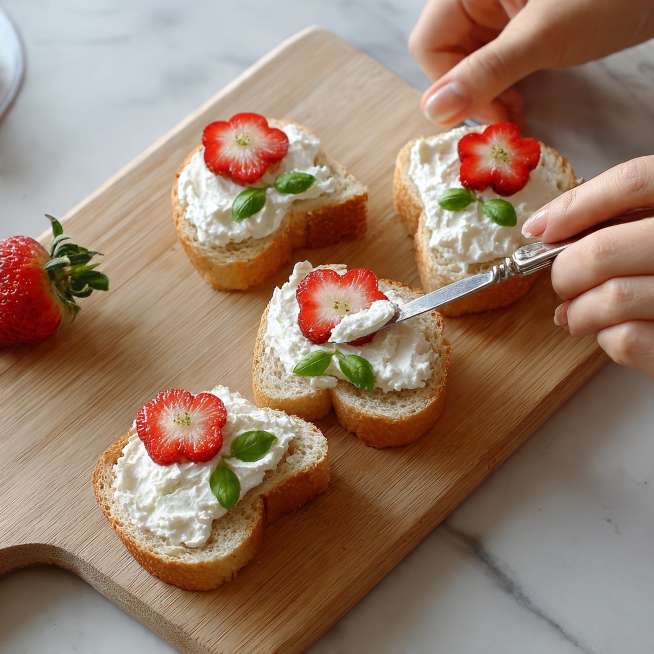 A wooden board holds several pieces of sliced light brown bread, each topped with a thick white spread. On top of the spread on each slice is a decoration resembling a flower: a strawberry half cut to look like red petals with white tips, positioned at the top, followed by a thin green stem made from a basil leaf stalk, and two small green basil leaves placed below the strawberry to look like leaves. A woman's hand holds one slice of bread, while another woman's hand spreads white cream on it with a silver knife. The scene is set on a white marbled surface. Photo taken with an iphone --ar 4:5 --v 7