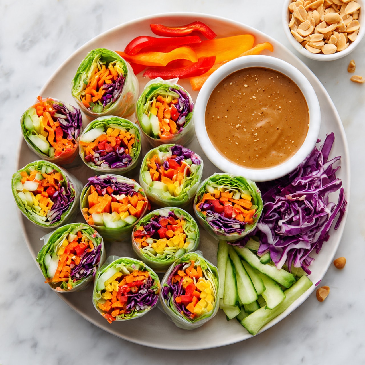 A round white plate filled with 19 vegetable spring rolls that show a clear layer of green lettuce on the outside, followed by bright orange carrot sticks, purple cabbage, red bell pepper strips, and light green cucumber sticks layered inside. Each spring roll is cut in half, showing the colorful layers inside. Next to the plate, there is a small white bowl of brown dipping sauce on a white marbled surface. Surrounding the plate are scattered purple cabbage shreds, orange carrot sticks, red bell pepper strips, green cucumber sticks, and a small white bowl with chopped peanuts. Photo taken with an iphone --ar 4:5 --v 7