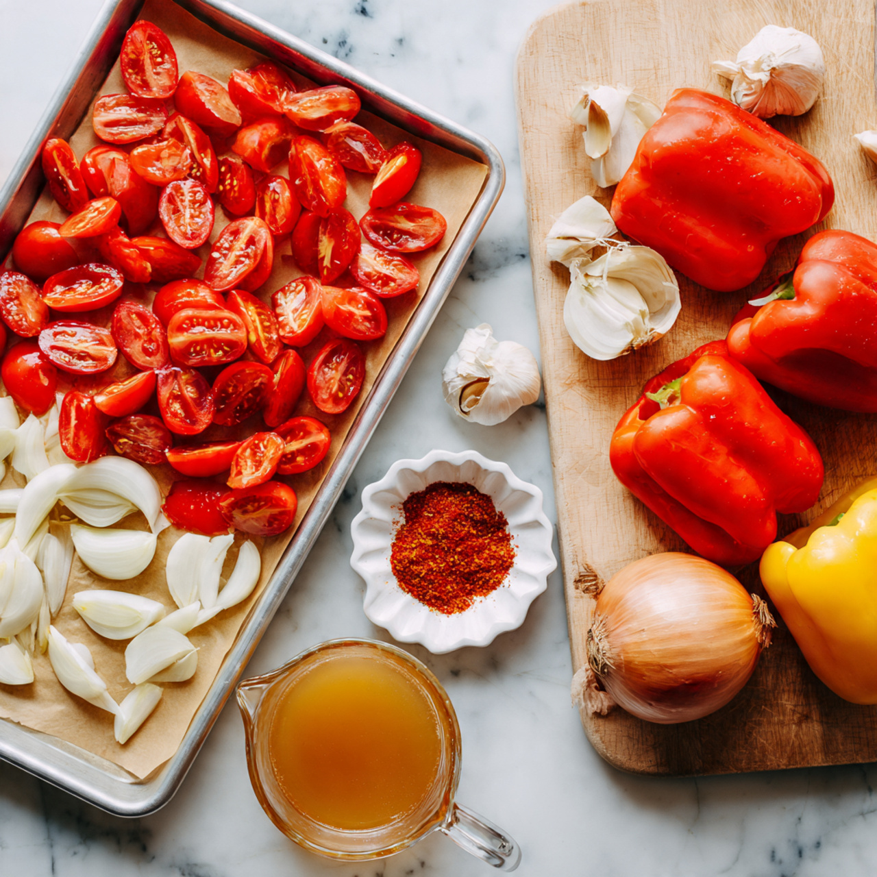 The image shows two metal trays on a white marbled surface. The top tray is full of bright red tomato halves with a shiny, juicy texture spread evenly across the tray lined with light brown parchment paper. The bottom tray contains quartered white onions with smooth layers, bright red halved bell peppers, and several garlic cloves with papery skins, also on parchment paper. Beside the trays, the right side of the image shows whole bright red tomatoes and red bell peppers, a whole yellow onion with loose skin, large onion slices, and scattered garlic cloves. A clear glass measuring cup filled with golden-brown broth sits on a round wooden board next to a small white scalloped dish containing a red spice powder, all set against the white marbled surface. photo taken with an iphone --ar 4:5 --v 7
