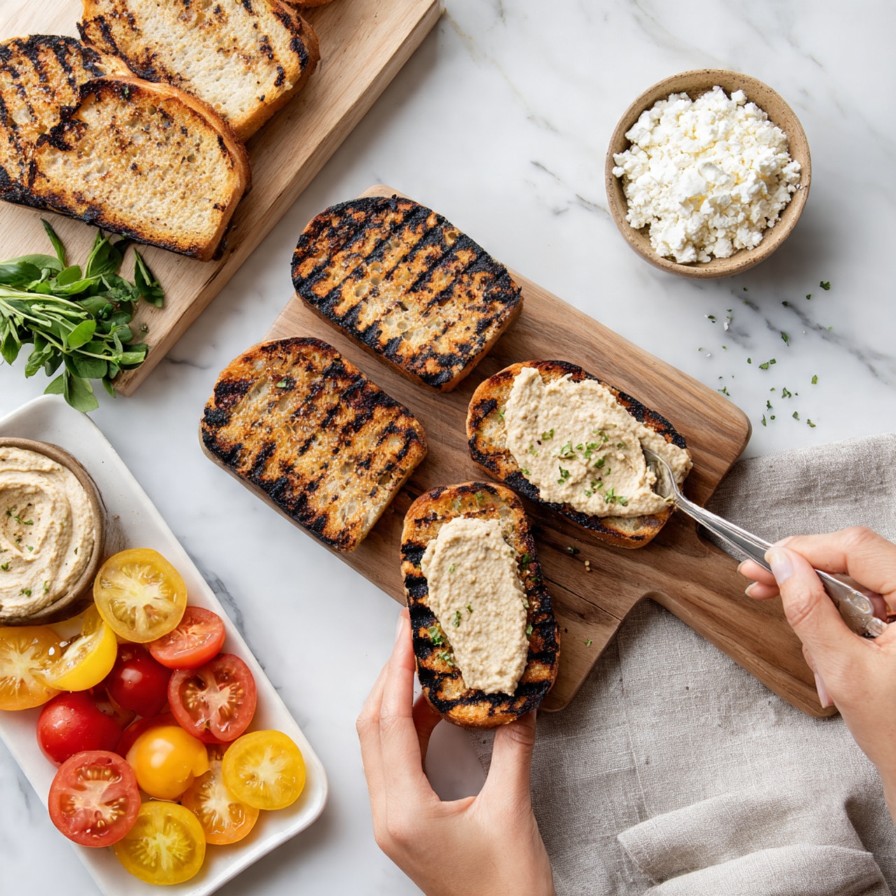 The image shows four pieces of grilled bread with dark char marks placed on a wooden board; each piece is being spread or topped with a creamy beige spread by a woman's hand holding a small spoon, while her other woman’s hand steadies one slice. Behind the bread board, there is a small round bowl of white crumbly cheese. Slightly further back, there is a wooden board with three neat piles of sliced tomatoes in red, yellow, and green colors. In the foreground, a white tray holds a bowl of creamy hummus and a few small red and yellow tomatoes. Fresh green herbs rest beside the bread board, all arranged on a white marbled surface covered partly by light grey linen cloth. Photo taken with an iphone --ar 4:5 --v 7