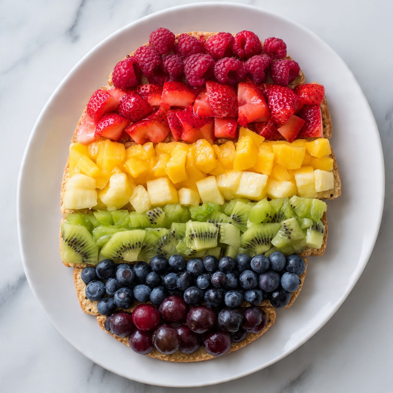 An oval white plate holds seven neat horizontal layers of fruit, each layer showcasing a different color and texture. At the top, there is a layer of whole raspberries in deep red; below it, a layer of chopped strawberries with bright red and white flesh. Next is a layer of diced orange mango, followed by a layer of yellow pineapple cubes. Below the pineapple are small pieces of green kiwi with black seeds scattered throughout. Under the kiwi, there is a layer of round blue blueberries, and at the very bottom, a row of dark purple grapes and blackberries. The plate rests on a white marbled surface. Photo taken with an iphone --ar 4:5 --v 7