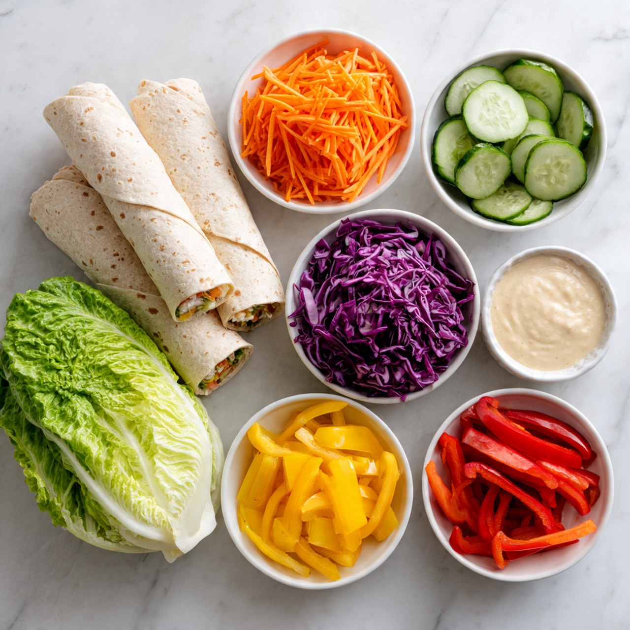 The image shows a flatlay of a white marbled surface with several white small bowls arranged around two large light brown tortillas. The bowls contain thin shredded orange carrots, shredded purple cabbage, sliced red bell peppers, sliced cucumbers, sliced yellow bell peppers, and a creamy beige dip. Next to the bowls, there is a fresh, bright green romaine lettuce leaf placed flat, with clear leaf texture visible. The scene is bright and clean, with vibrant, fresh colors and simple textures. Photo taken with an iphone --ar 4:5 --v 7