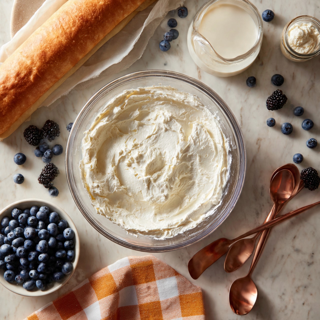 A clear glass bowl in the center contains a creamy, white mixture with a soft, smooth texture, spread unevenly inside. Around the bowl on a white marbled surface lie scattered blueberries and a couple of blackberries, adding small dark blue and black dots of color. To the top left is a rolled piece of pale dough wrapped in parchment paper. Near the top right, a small clear glass jug holds a light cream liquid, with a white bowl beside it containing more of the same liquid. Two shiny copper spoons rest crossed on the surface to the right of the glass bowl. A checked cloth in shades of orange and white lies folded in the bottom left corner. The photo taken with an iphone --ar 4:5 --v 7