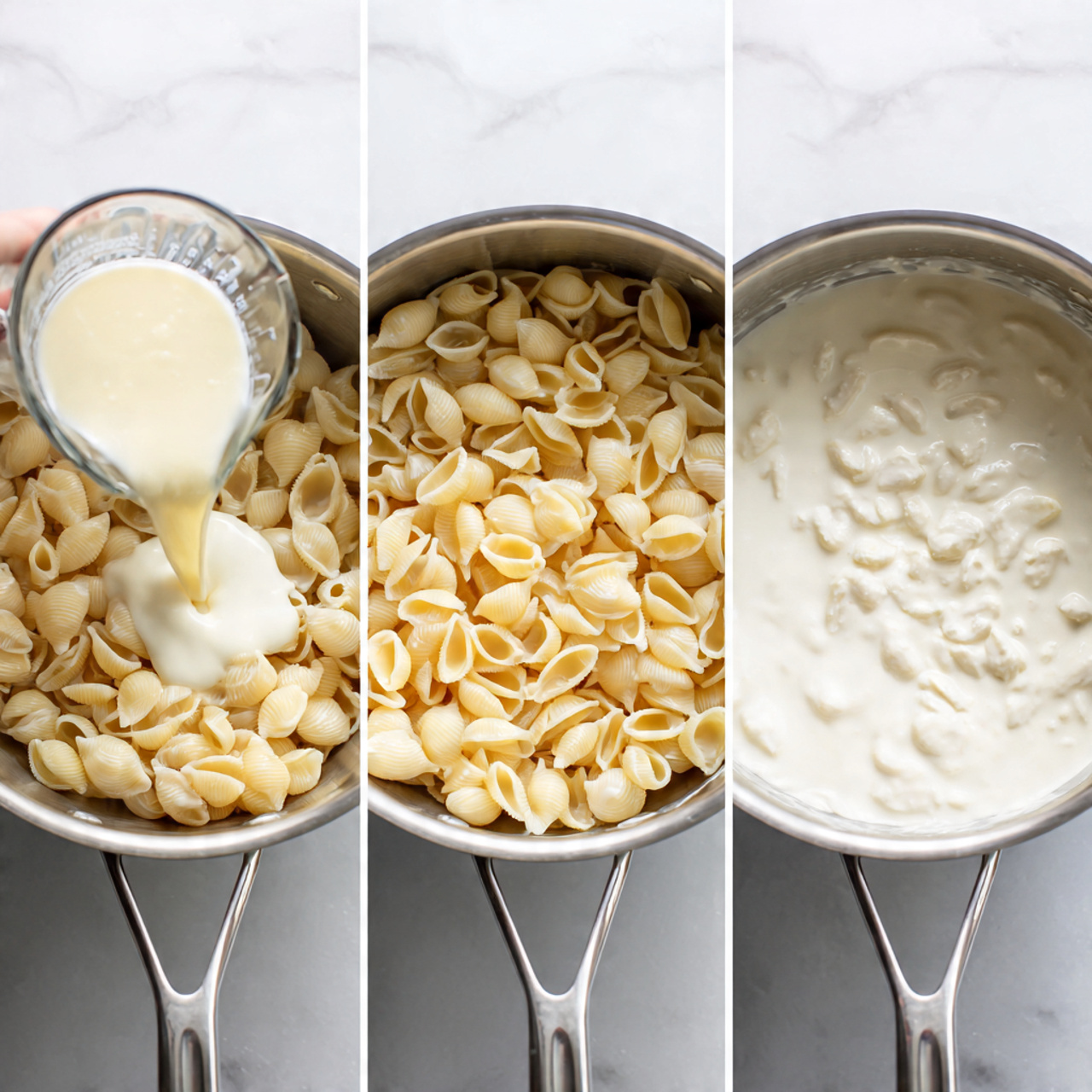 The images show a step-by-step process in a stainless steel pot on a stove over a white marbled texture. The first image displays a clear measuring cup with light yellow liquid being poured into the pot filled with cooked small shell pasta that is pale yellow and soft. The second image shows the pasta now mixed with the liquid, which is creamy white and slowly submerging the shells, creating a layer of shells slightly floating in the liquid. The third image reveals the pasta fully covered and soaked in thick creamy white sauce, causing the shells to look plump with a smooth and rich texture. Photo taken with an iphone --ar 4:5 --v 7