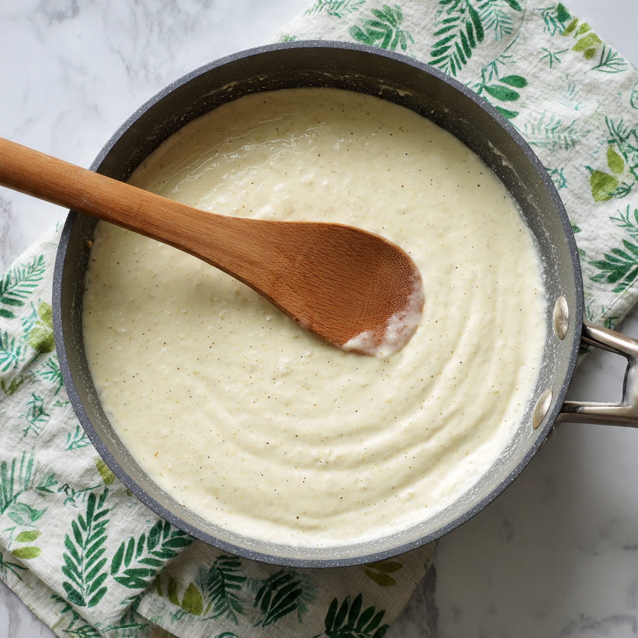 A pan filled with a smooth, creamy white sauce that has a slightly thick texture, with small specks scattered lightly throughout. A wooden spoon with a rounded scoop is gently stirring the sauce from the lower left side of the pan. The pan has a dark gray interior and a metal handle visible on the top left. Underneath the pan, there is a cloth with green and white leafy patterns, resting on a white marbled surface. Photo taken with an iphone --ar 4:5 --v 7