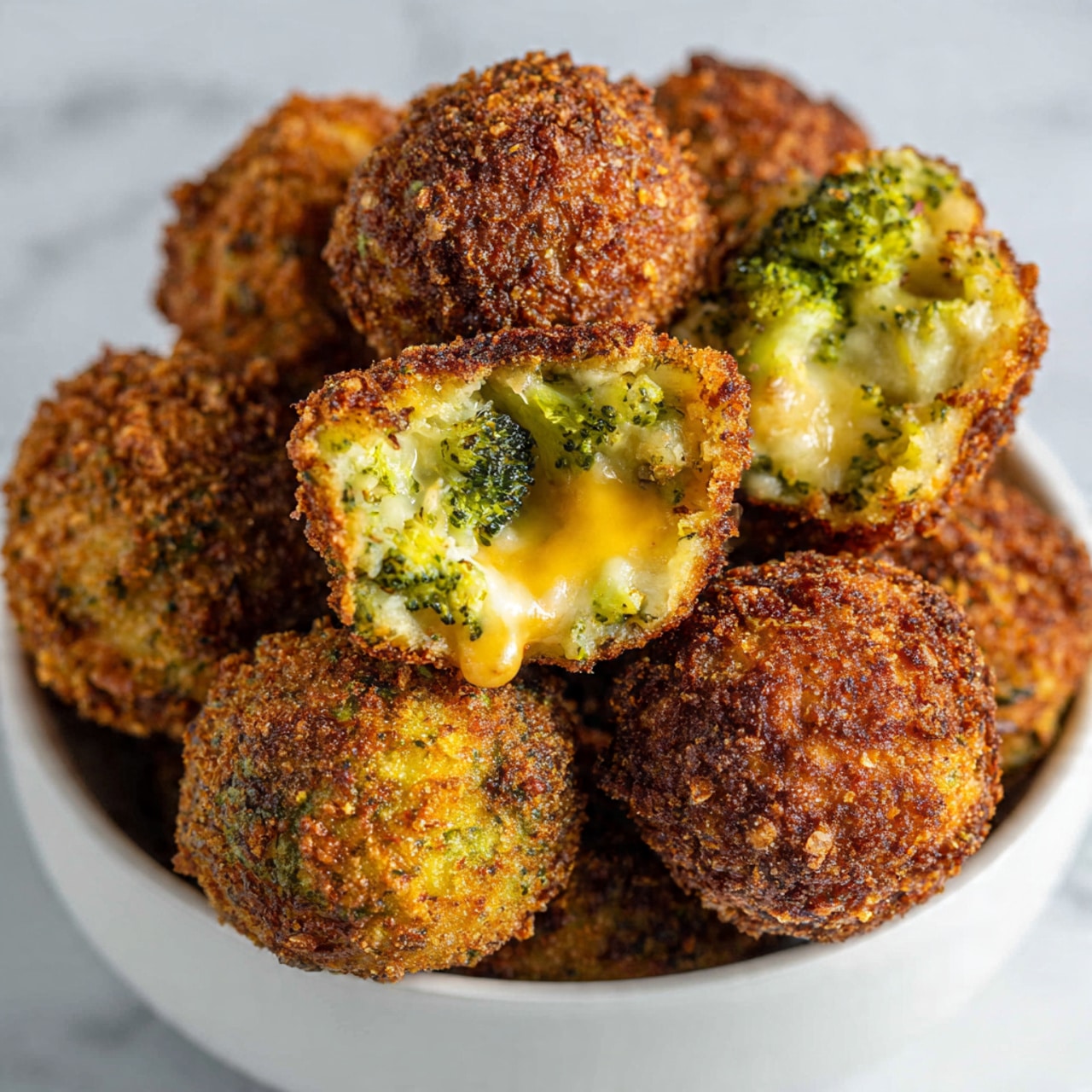 The image shows golden brown crispy fried balls with a rough, crunchy texture on the outside. One ball is broken open at the top, revealing bright green broccoli pieces and melted yellow cheese inside, giving a soft and gooey center. The fried balls are placed closely together in a white bowl, resting on a white marbled surface. The overall look is warm and tempting, focusing on the crunchy outside and melted inside layers photo taken with an iphone --ar 4:5 --v 7