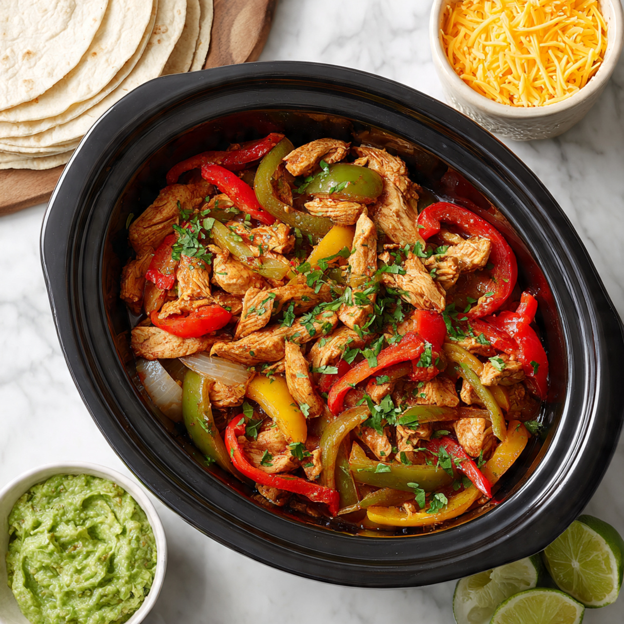 A black slow cooker filled with a colorful mix of cooked chicken strips and sautéed bell peppers in three colors: red, yellow, and green, along with translucent sautéed onion slices. The chicken and vegetables are mixed with a slightly reddish sauce and sprinkled with fresh chopped green herbs scattered on top. In the background, a stack of white tortillas is visible on the left, and two small bowls of bright yellow shredded cheese and green guacamole sit behind the slow cooker on a white marbled surface. To the right, three lime wedges are placed near the cooker, adding a fresh touch. Photo taken with an iphone --ar 4:5 --v 7