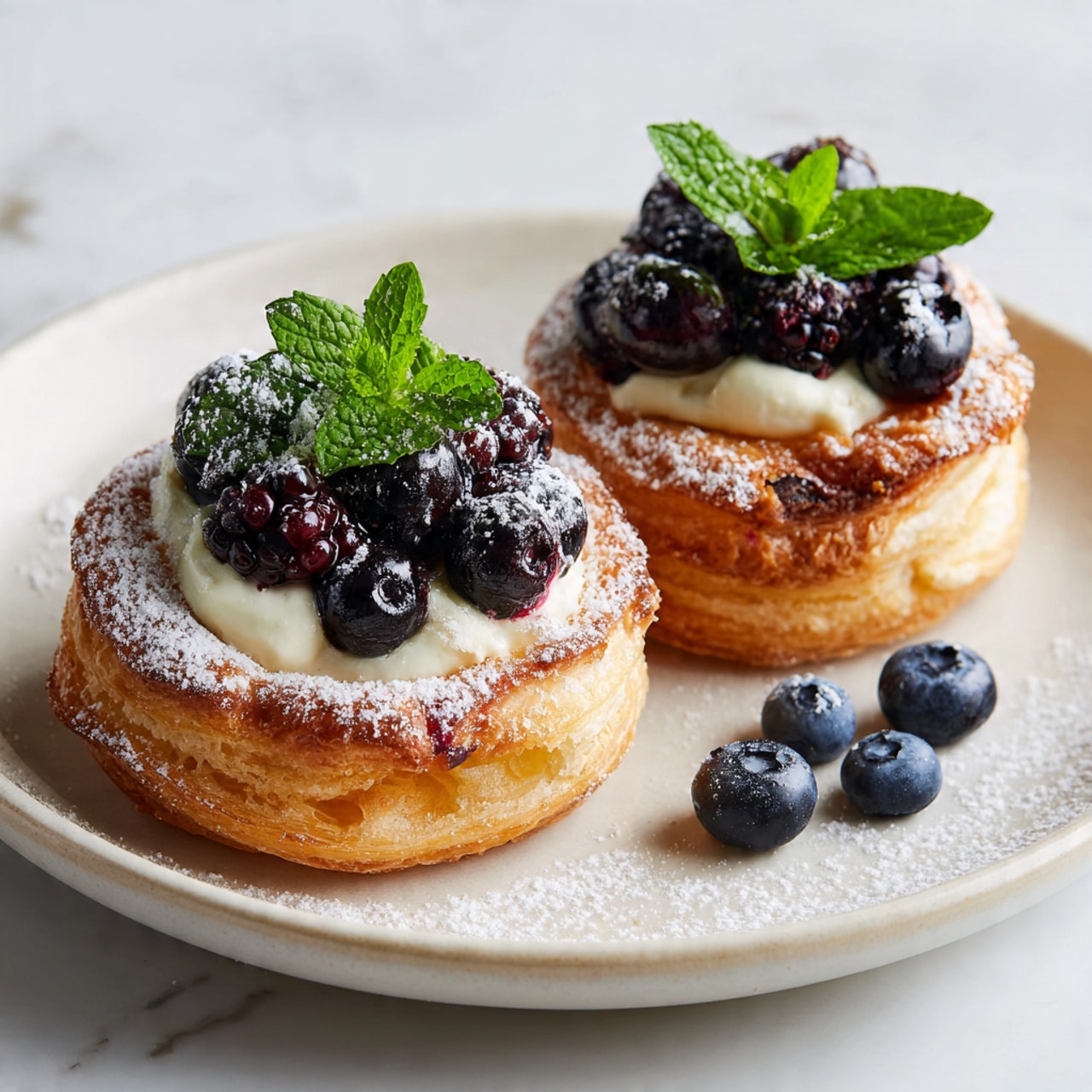 The image shows two round pastries placed on a white plate with a light beige rim, sitting on a white marbled surface. Each pastry has a golden-brown, flaky crust forming the outer circle, dusted with powdered sugar. Inside the crust, there is a layer of light cream filling, topped with a cluster of dark purple blueberries and blackberries in the center. A small sprig of fresh green mint leaves rests on top of the berries, adding a pop of color. Some extra blueberries are scattered near the pastries on the plate. The photo taken with an iphone --ar 4:5 --v 7