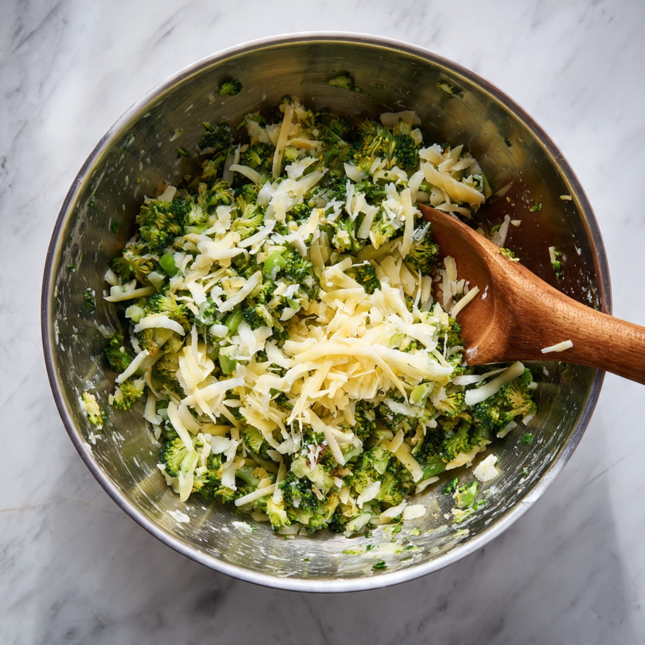 A shiny metal bowl filled with a mix of chopped green broccoli and light yellow shredded cheese pieces, with some soft white bits scattered throughout. A wooden spoon rests inside the bowl on the right side, partially covered by the broccoli and cheese mixture. The bowl is placed on a white marbled surface, adding a clean backdrop to the fresh, green and yellow food inside. Photo taken with an iphone --ar 4:5 --v 7