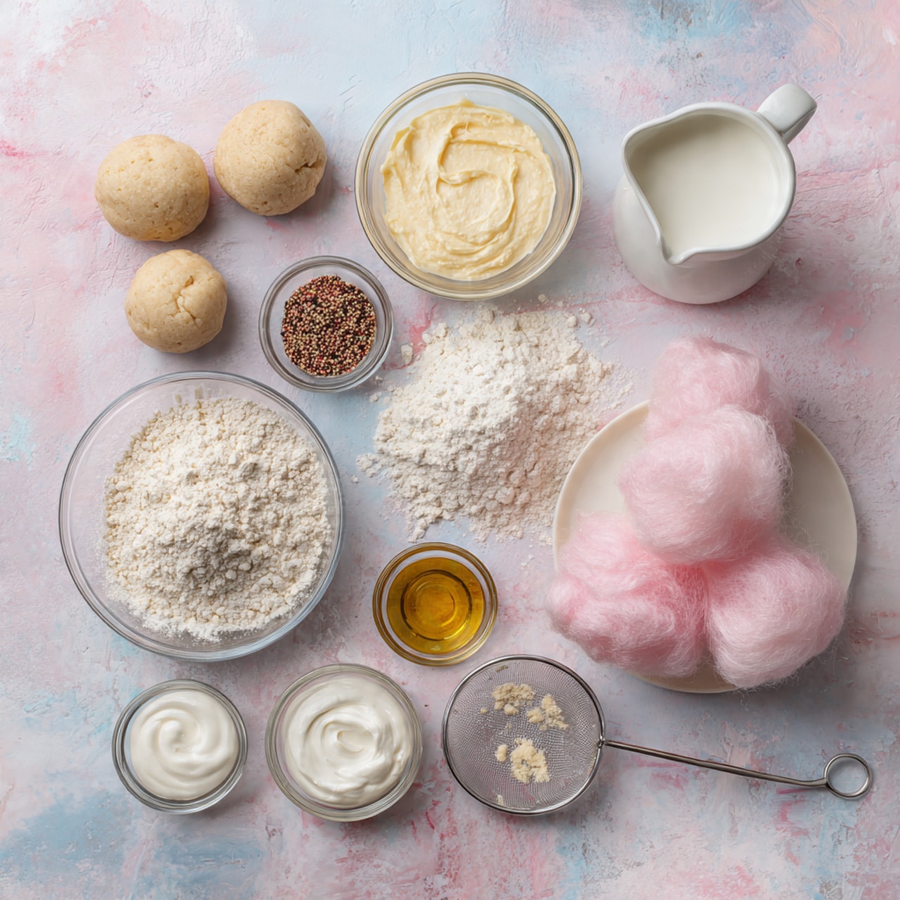 The image shows ingredients arranged neatly on a soft pink and blue background with a textured look. There are three beige dough balls on the lower left side. Above them is a glass bowl filled with pale yellow cream. To its right is a small white pitcher full of milk, next to a small spoon with white powder. Near the center, a mound of white flour is dusted on the surface, with a small round glass bowl of dark brown seeds placed on top. Directly below the flour is a glass bowl of thick white cream, next to a small clear glass bowl with golden oil inside. Below them is a tiny glass container holding a small amount of white cream, beside a fine mesh sifter filled with white powder. On the right side, several clumps of pink and cream cotton candy rest on a round white plate, with a silver wire scoop holding some more cotton candy. The entire setup is on a white marbled texture. Photo taken with an iphone --ar 4:5 --v 7